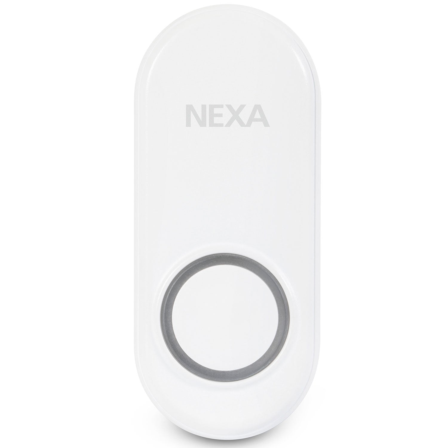 Een witte NEXA deurbel met grijze knop op witte achtergrond.
