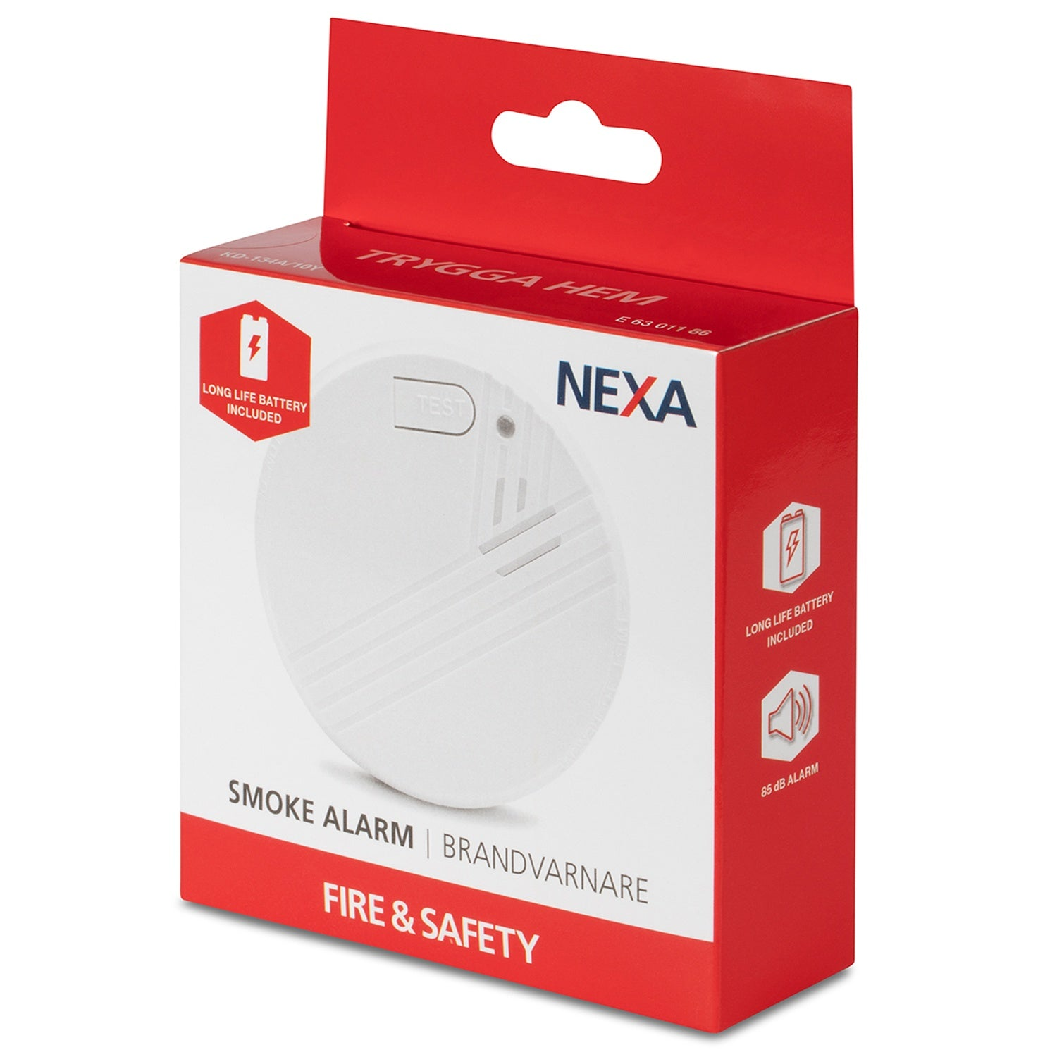 Packaging of a white smoke alarm with red text from Nexa.