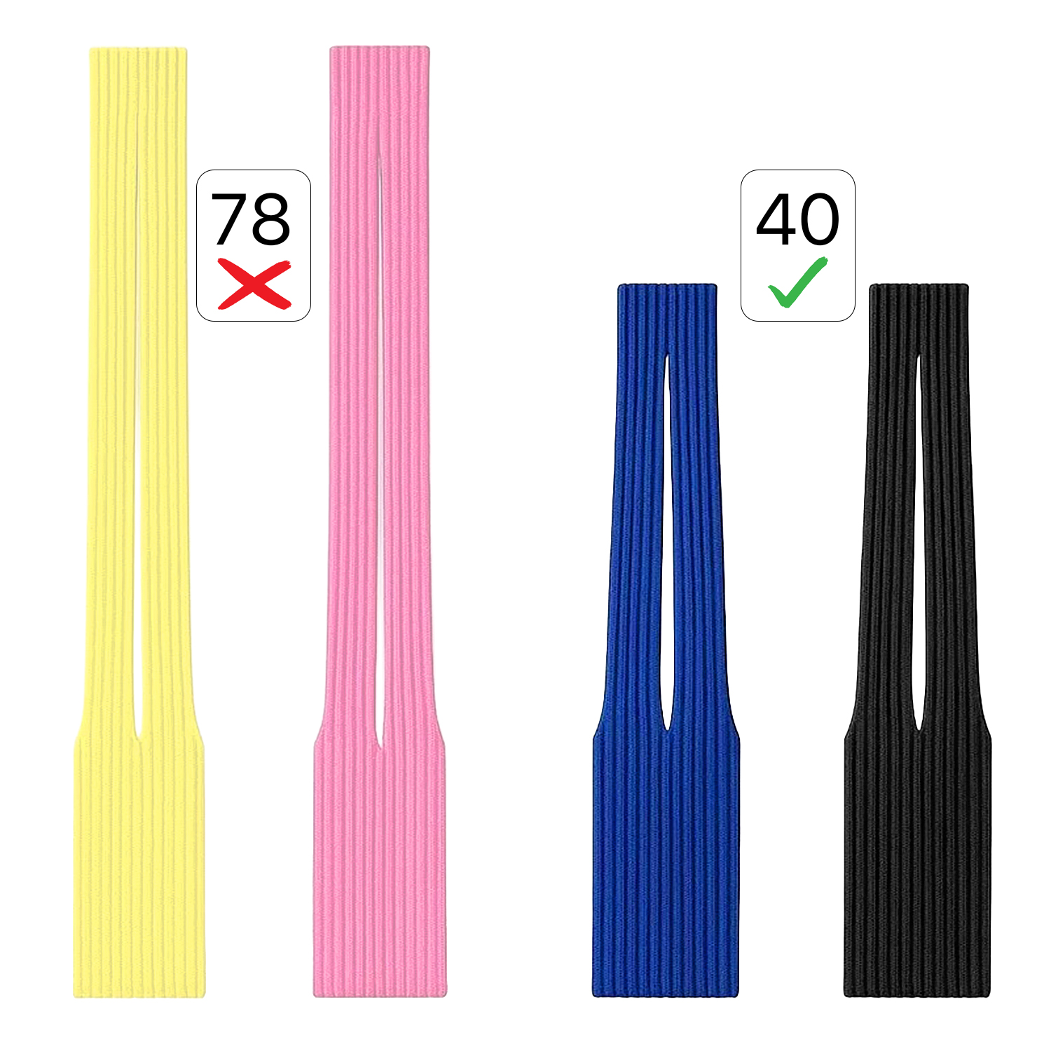 Quattro fasce elastiche gialle, rosa, blu e nere, con indicatori di taglia.