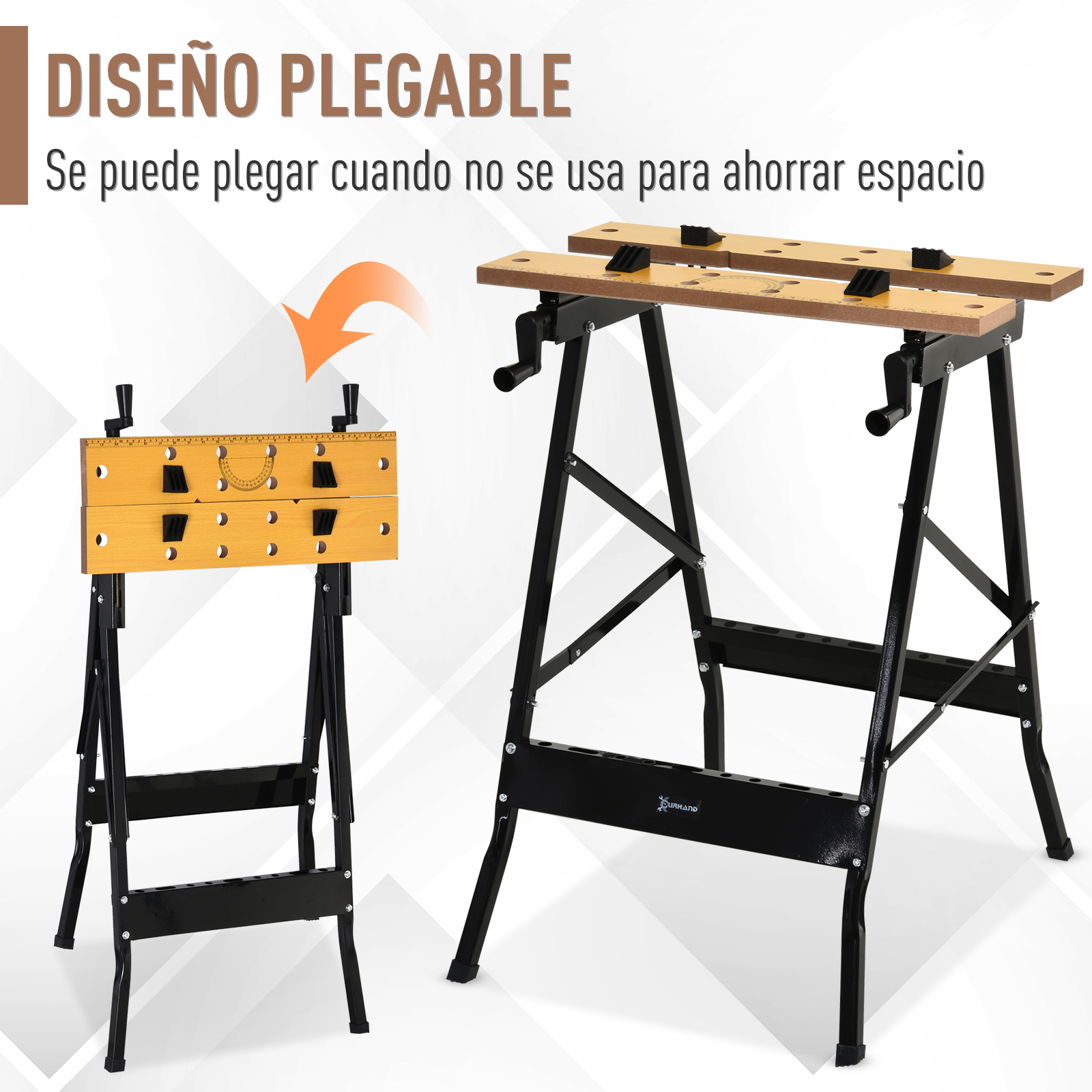 Banco de trabajo plegable con tablero de madera y mecanismo de manivela.
