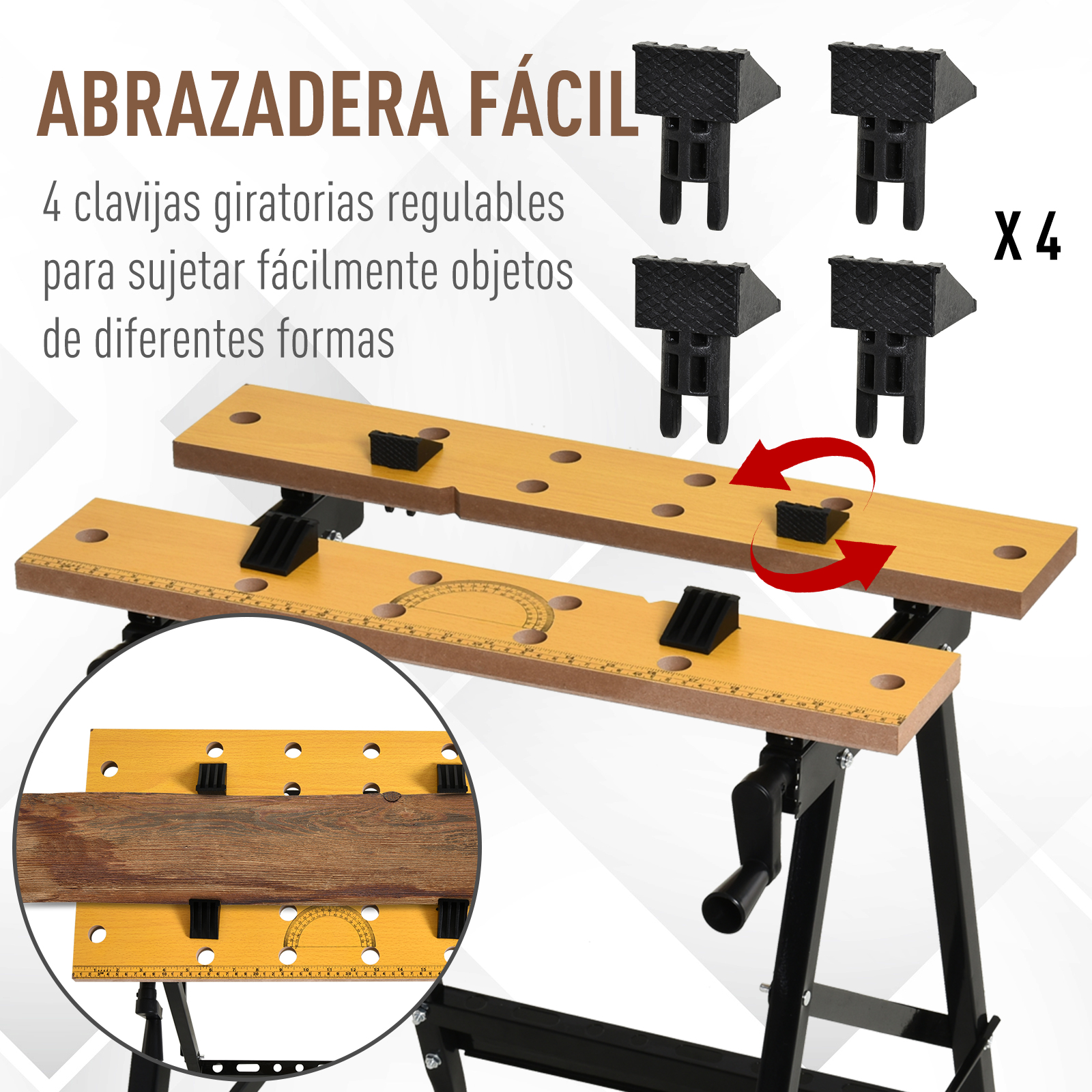 Banco de trabajo con cuatro abrazaderas negras y madera. Incluye un primer plano.