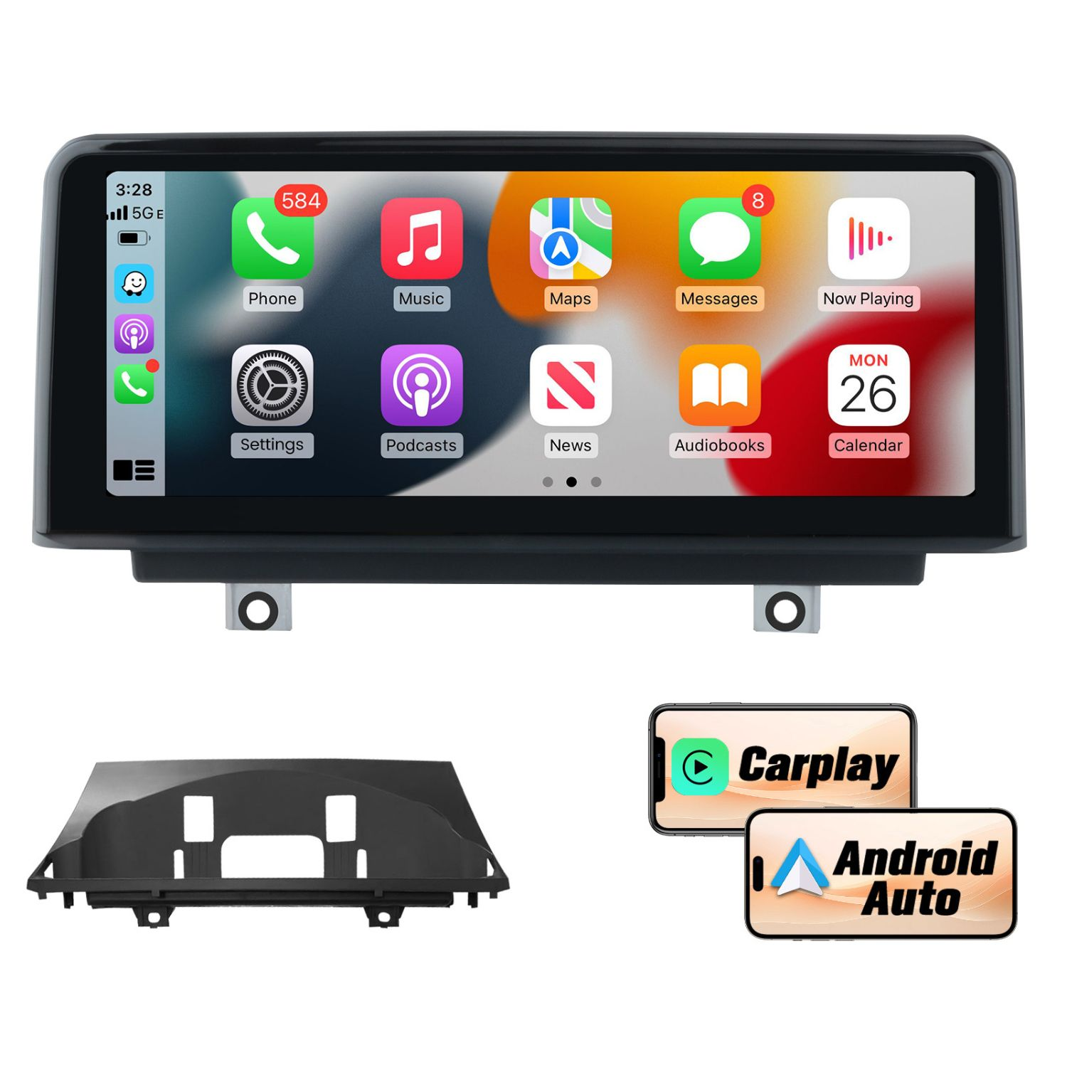 Auto-Infotainment-Bildschirm mit Apps wie Telefon, Musik, Karten, Nachrichten, Kalender. Enthält auch Autoverkleidung und Logos.
