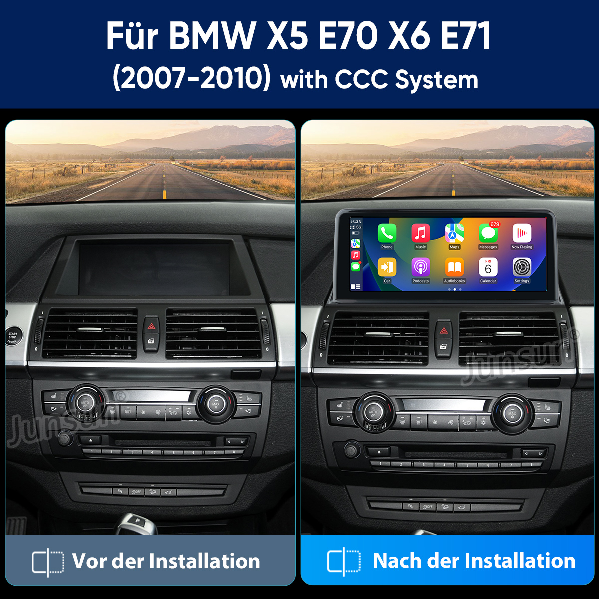 BMW X5 E70/X6 E71 Innenraum: Vorher/Nachher mit neuem Infotainment-Bildschirm.