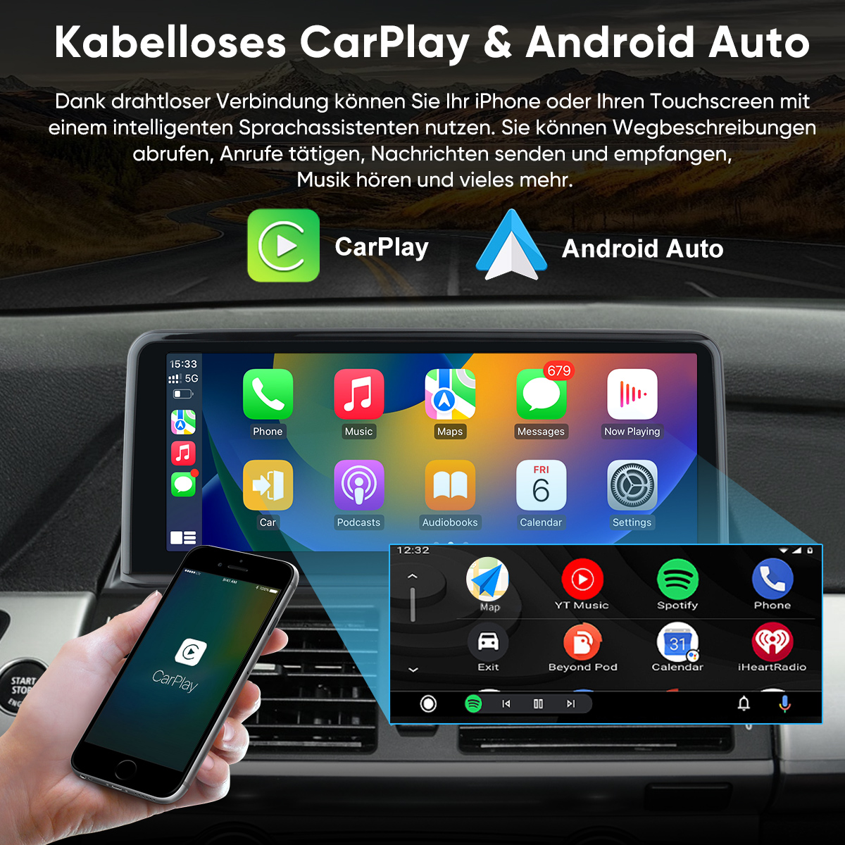 Ein Auto-Infotainment-System zeigt CarPlay und Android Auto an. Ein Handy ist abgebildet.