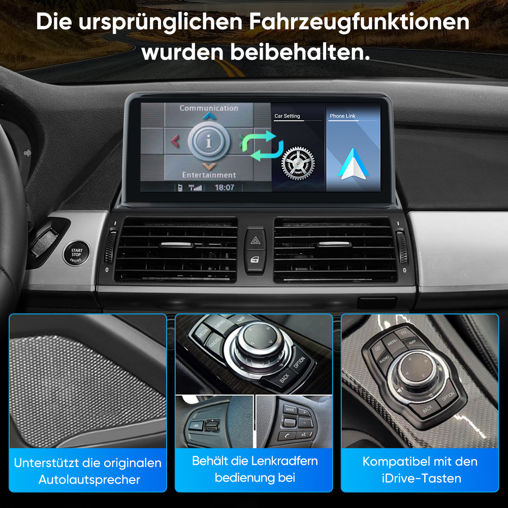 Ein Auto-Infotainment-System mit drei Bildschirmen und Bedienelementen.
