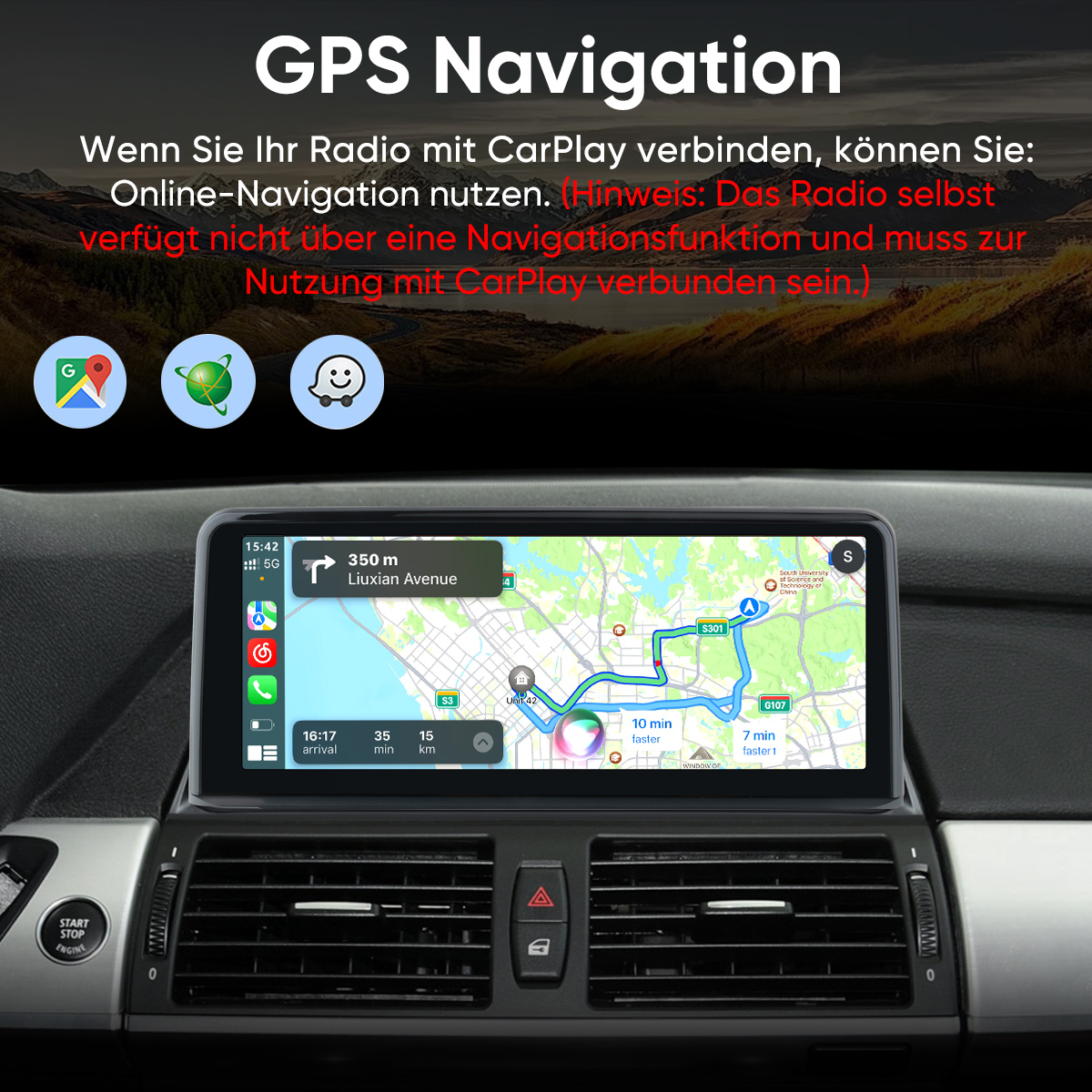 GPS-Navigation auf einem Autoradio mit Google Maps, Wetter und CarPlay-Symbolen.