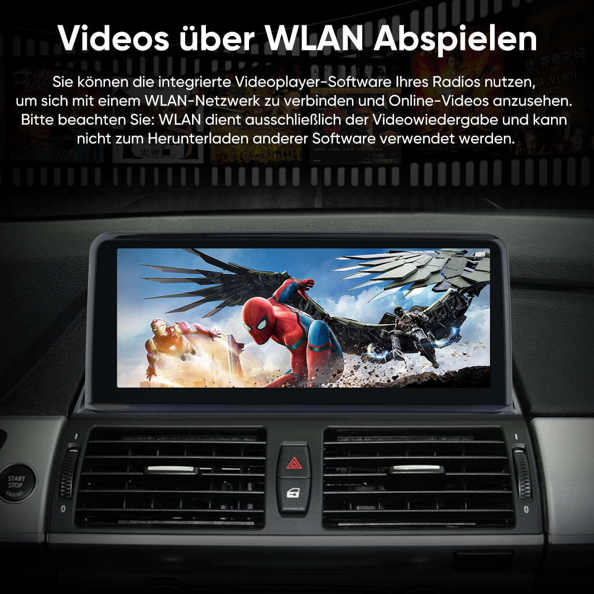 Ein Autoradio zeigt Marvel-Helden; Text beschreibt WLAN-Videowiedergabe.