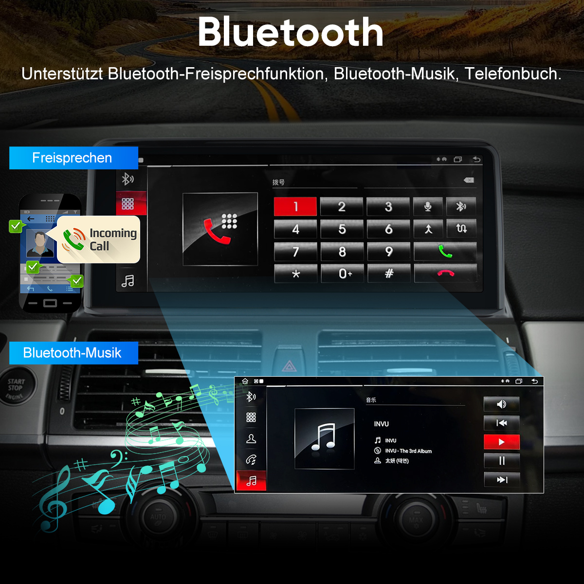 Auto-Infotainment zeigt Anrufe und Musikwiedergabe über Bluetooth.