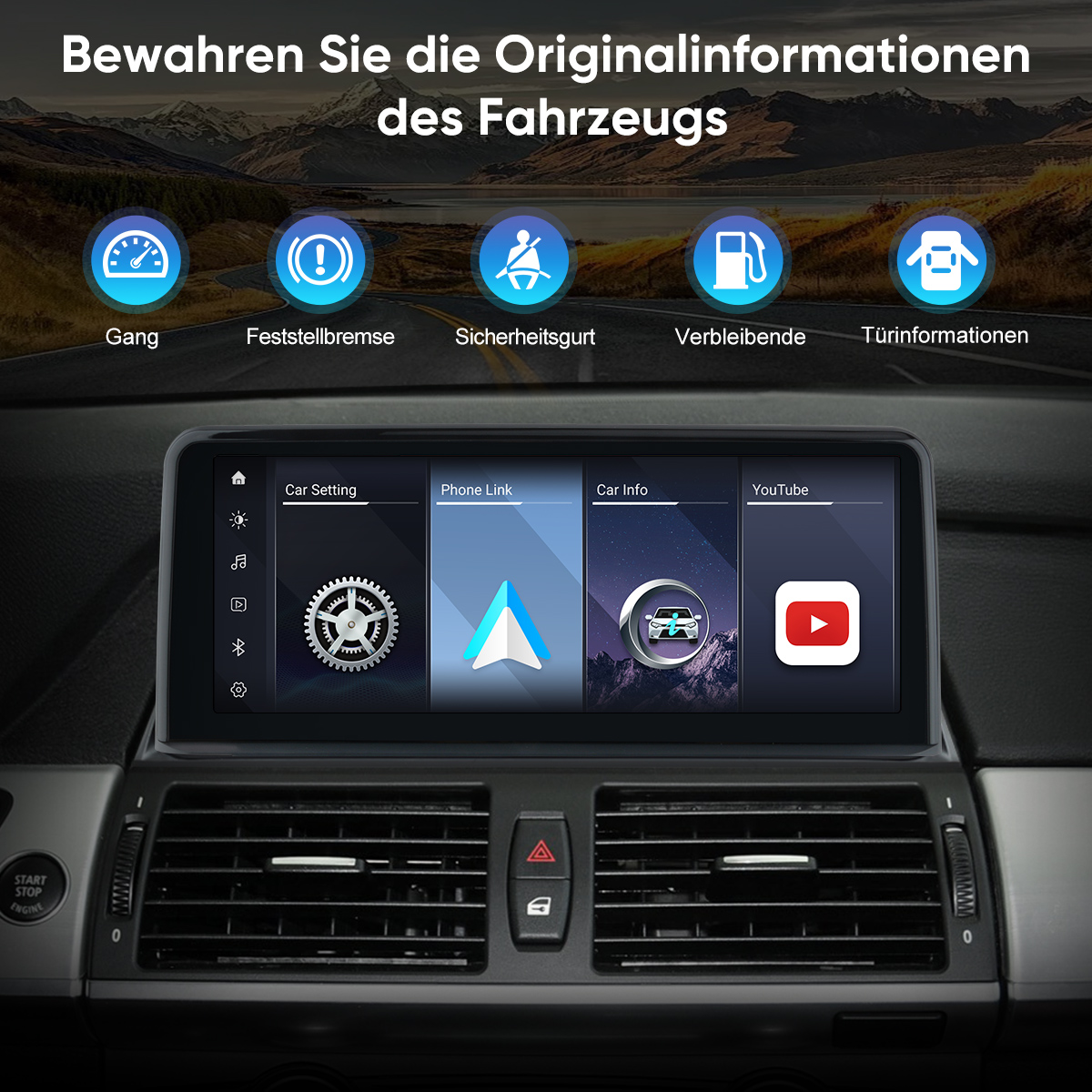 Infotainment-System eines Autos mit Symbolen für Gang, Handbremse, Gurt, Kraftstoff und Türen.