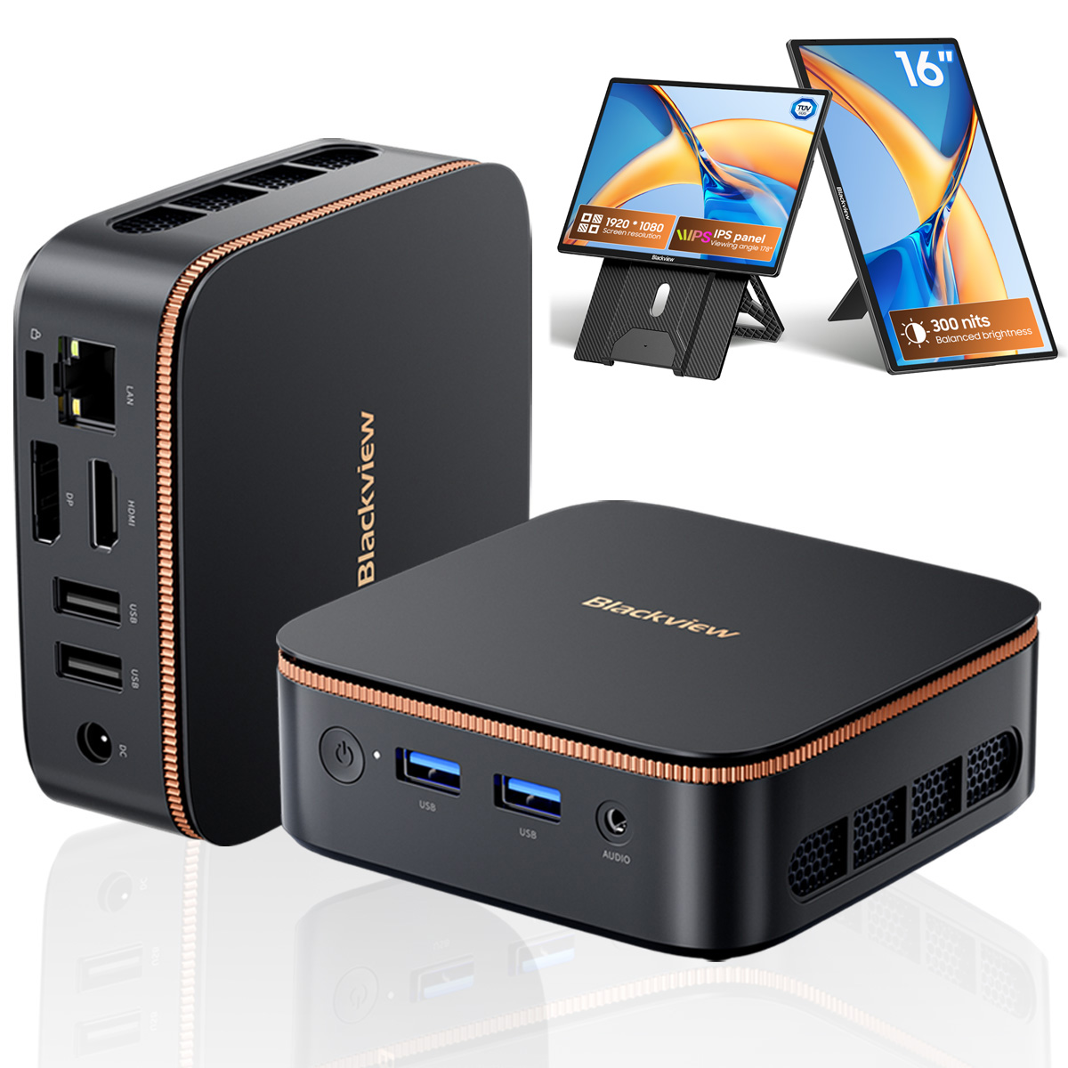 Black Blackview mini PCs with ports and a 16-inch monitor.