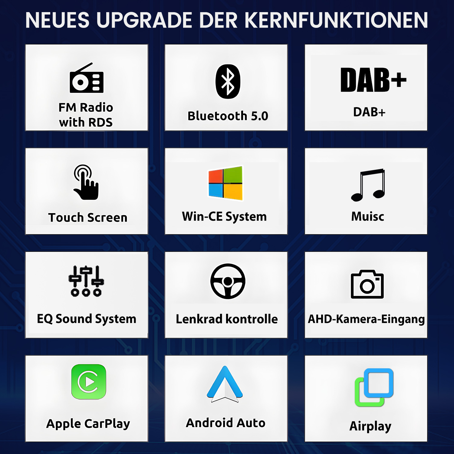 Übersicht der Kernfunktionen: FM Radio, Bluetooth 5.0, DAB+, Touch Screen, Win-CE, Musik, EQ Sound, Lenkradkontrolle, Kamera, CarPlay, Android Auto, Airplay.