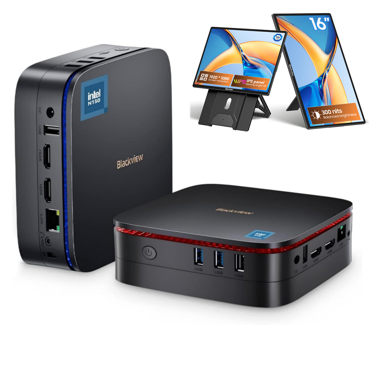 Twee zwarte Blackview mini-pc's en een draagbare monitor van 16 inch.