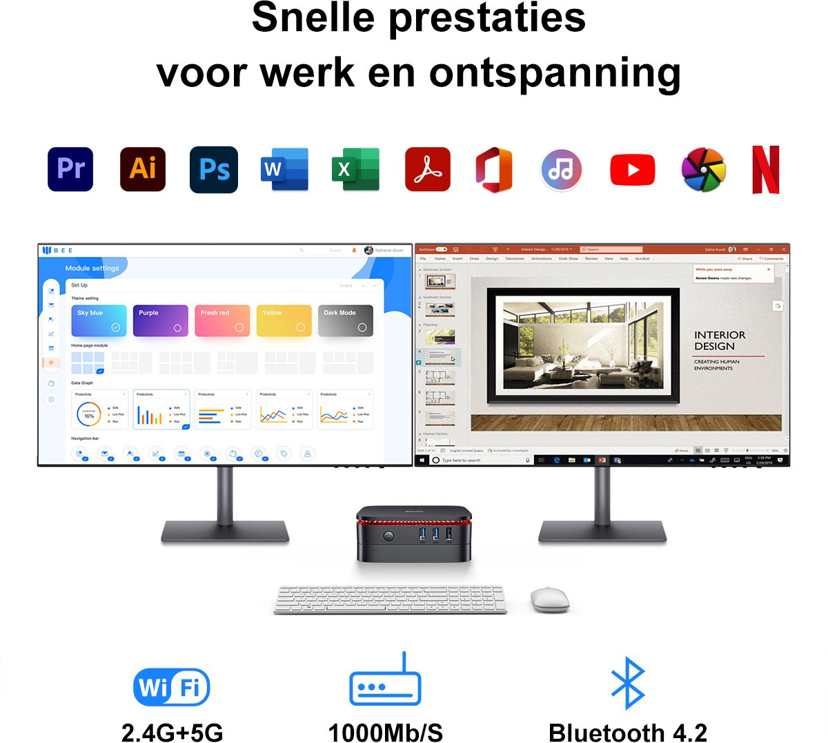 Logos van Adobe, Microsoft, Apple. Twee monitoren tonen software-interfaces. Mini-pc, toetsenbord, muis.