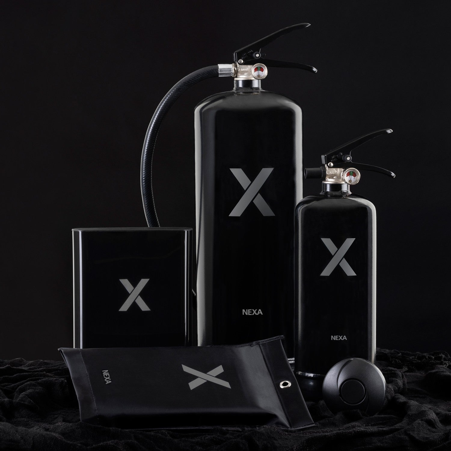 Three black fire extinguishers, a black box, and a black pouch on a black background.