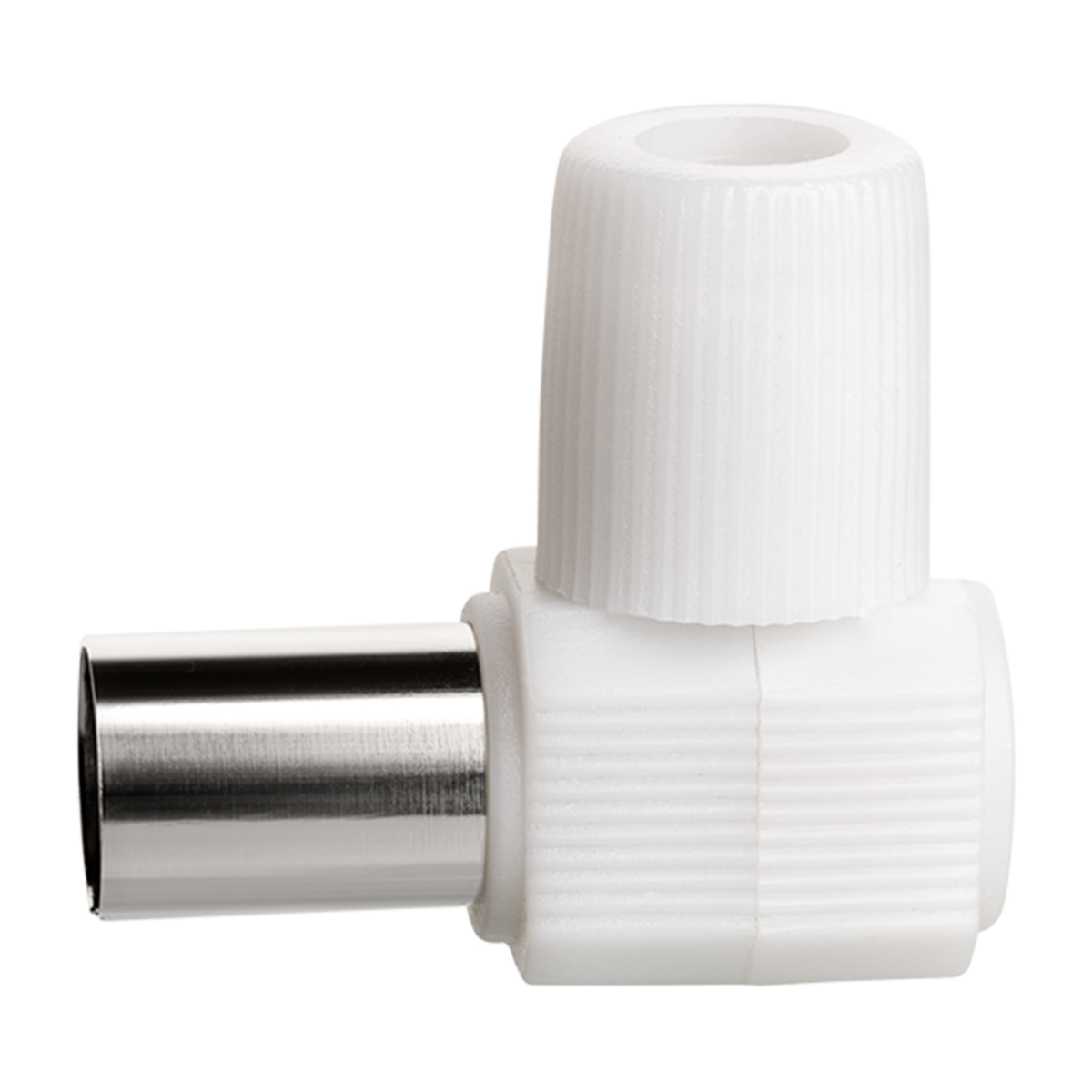 Ein weißer, rechtwinkliger Antennenstecker mit silbernem Stecker.