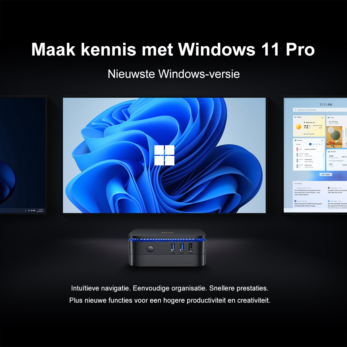 A small black computer with three screens displaying Windows 11.