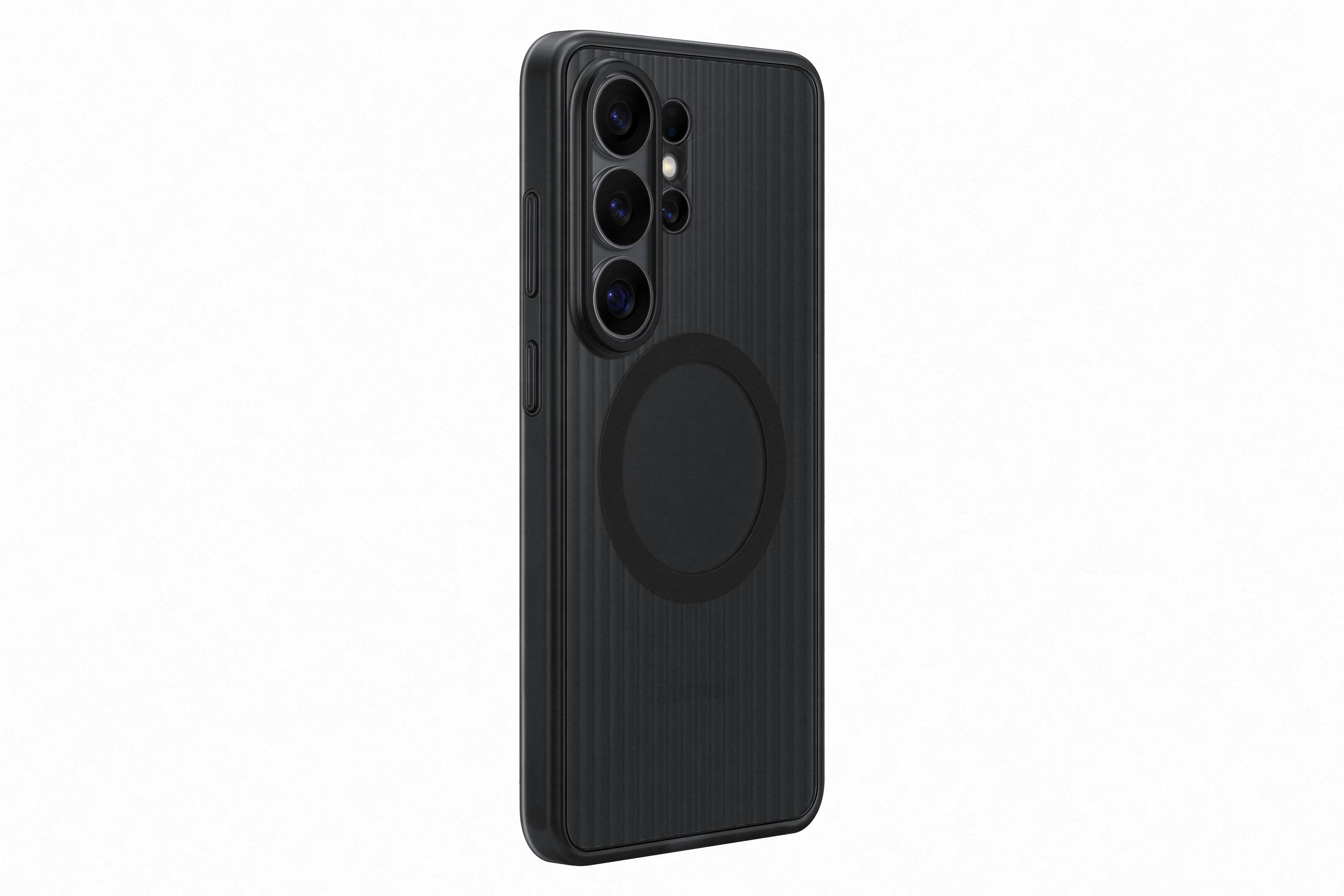 Funda de teléfono negra con ranuras verticales y lentes.
