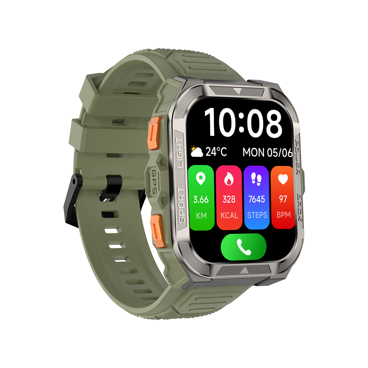 Zielony smartwatch z srebrną ramką i kolorowymi kafelkami na wyświetlaczu.