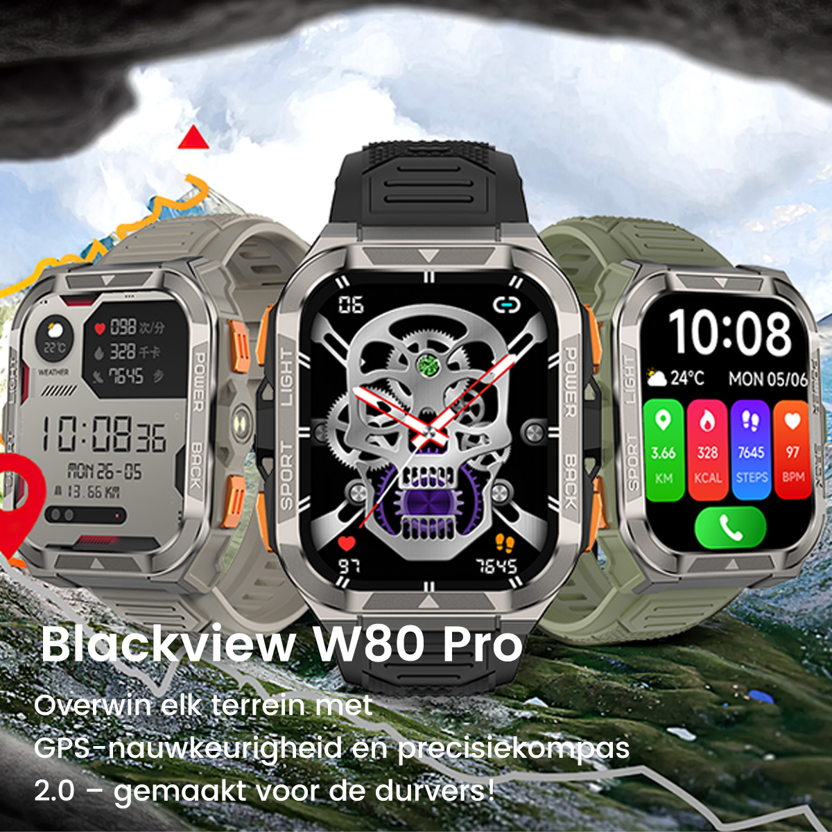 Drie Blackview W80 Pro smartwatches met berglandschap op de achtergrond.