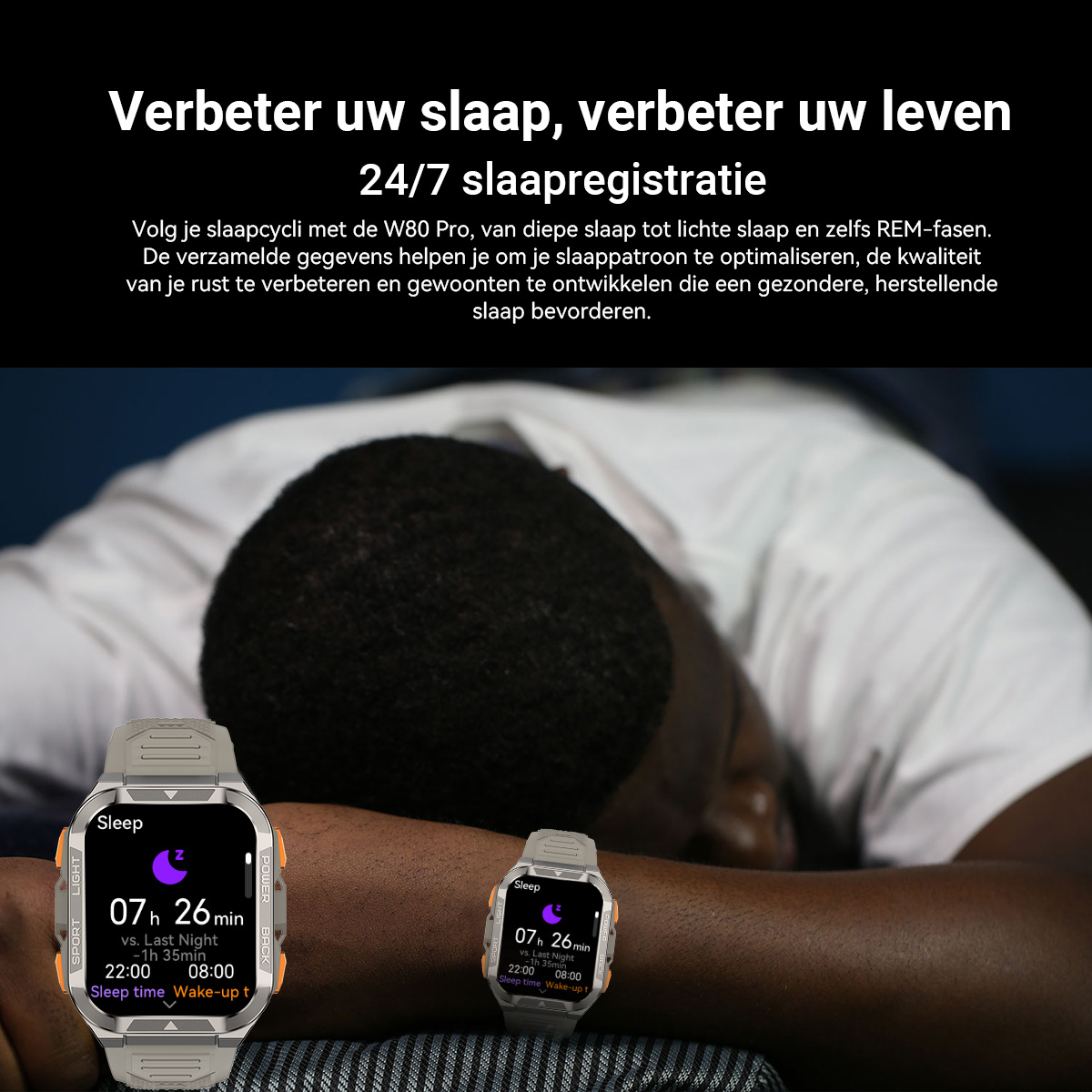 Een man slaapt, twee smartwatches tonen 7u 26min slaap.