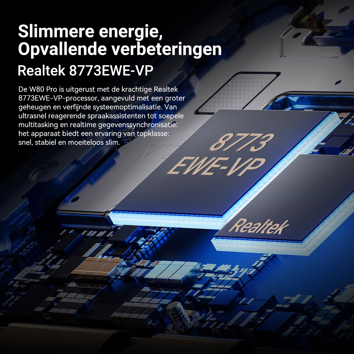 Een Realtek 8773EWE-VP chip op een printplaat met blauwe verlichting.