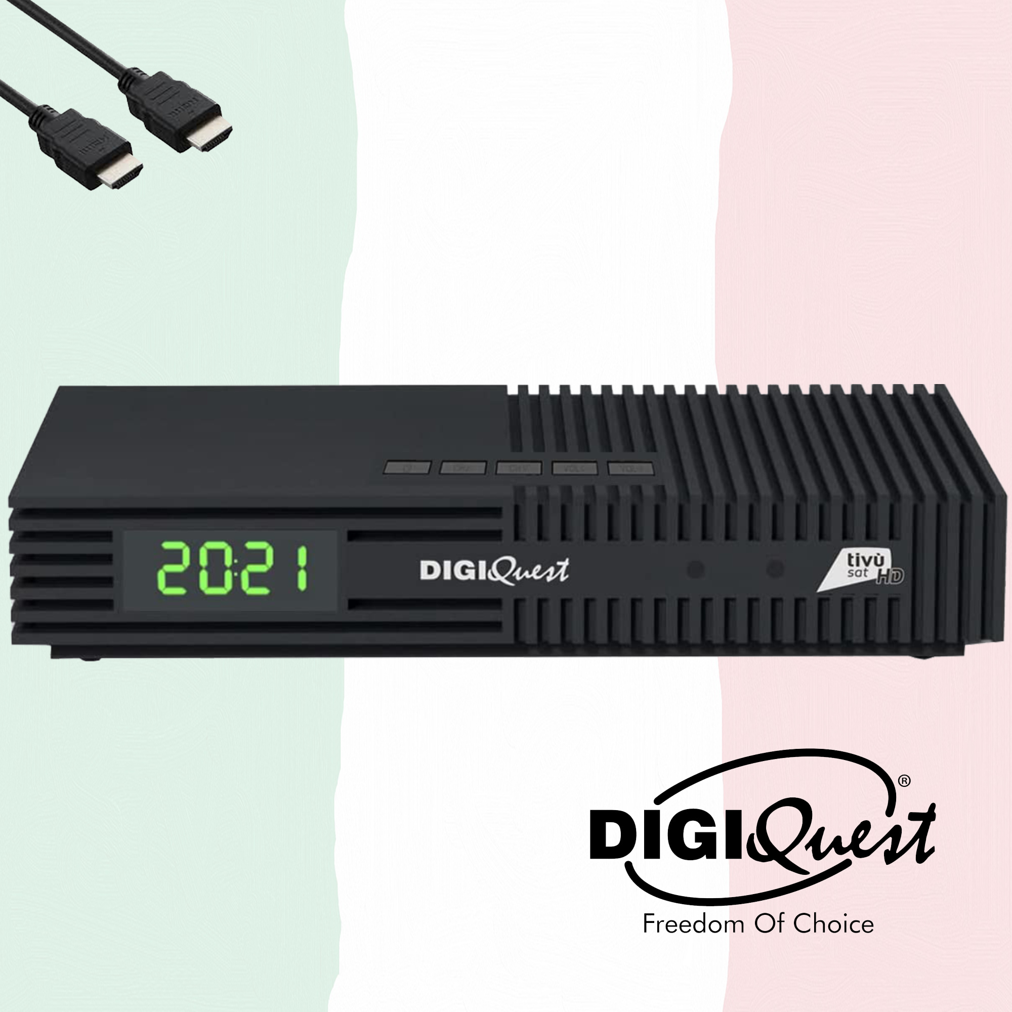 Schwarzer SAT-Receiver mit HDMI-Kabeln und "DIGIQuest"-Logo. "20:21" wird angezeigt.