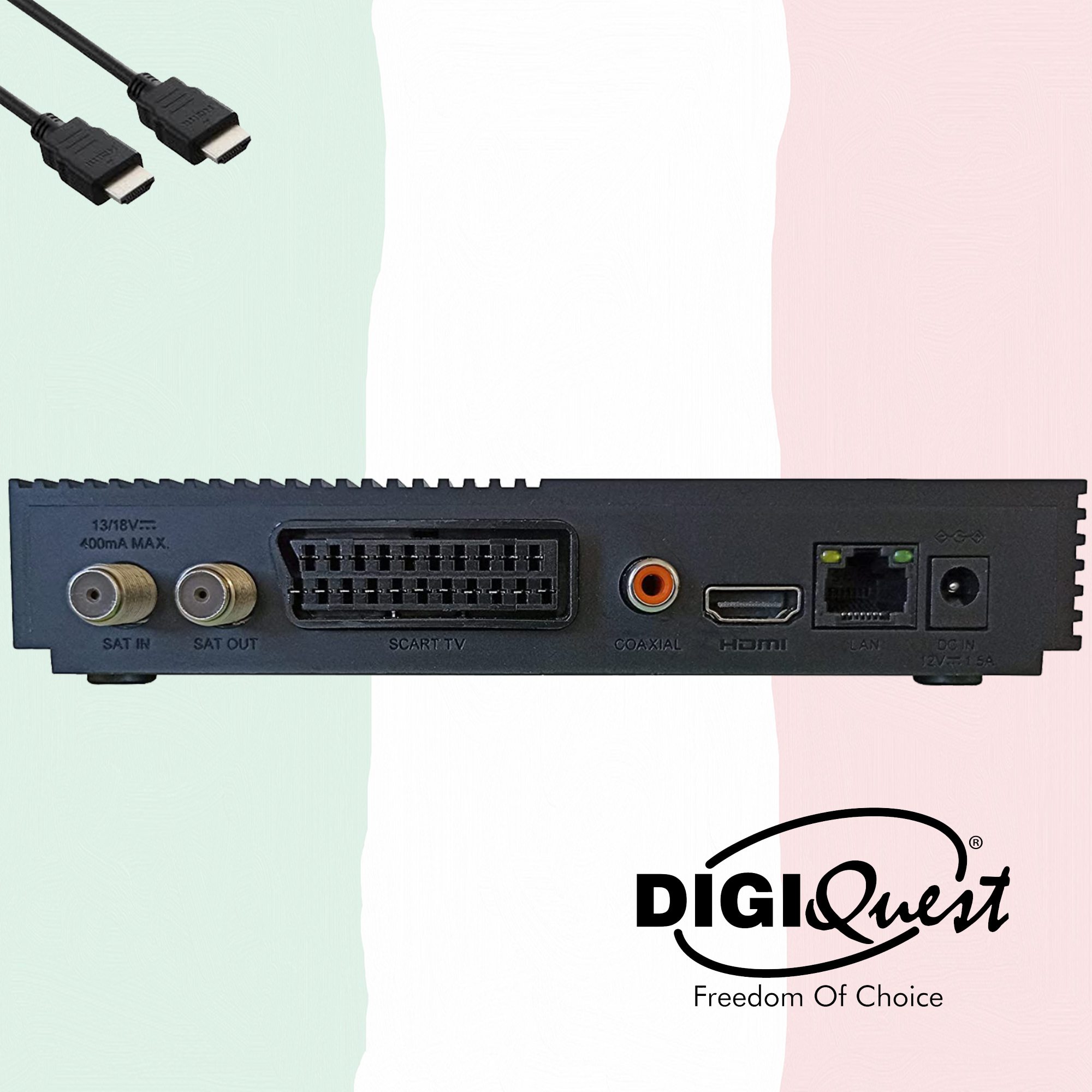 Rückseite eines schwarzen Set-Top-Box mit Anschlüssen: SAT IN, SAT OUT, SCART, COAXIAL, HDMI, LAN, DC IN.