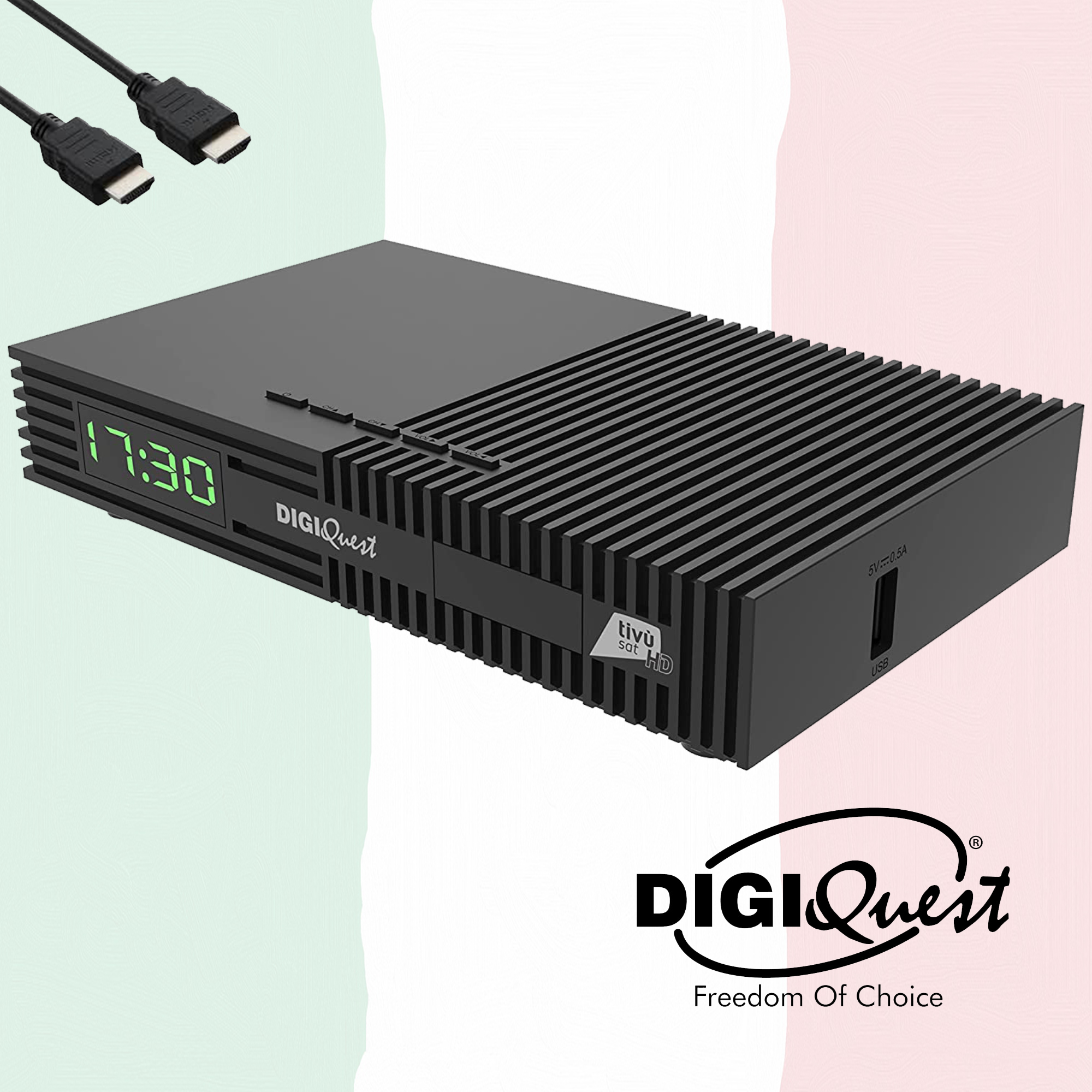 Ein schwarzer DigiQuest Receiver mit HDMI-Kabeln, zeigt 17:30 an.