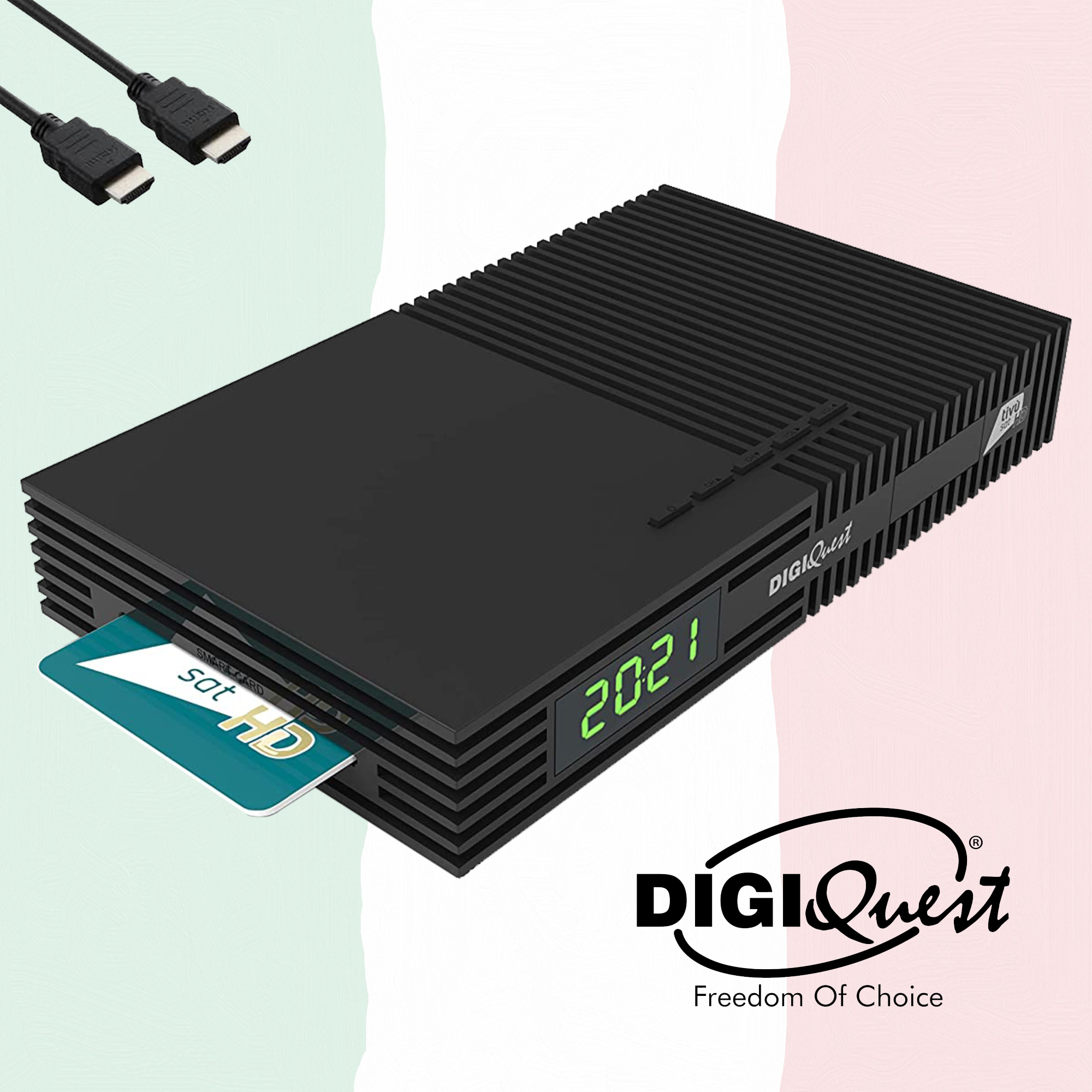 Schwarzer DigiQuest Satellitenreceiver mit HDMI-Kabeln, Smartcard und 2021-Anzeige.