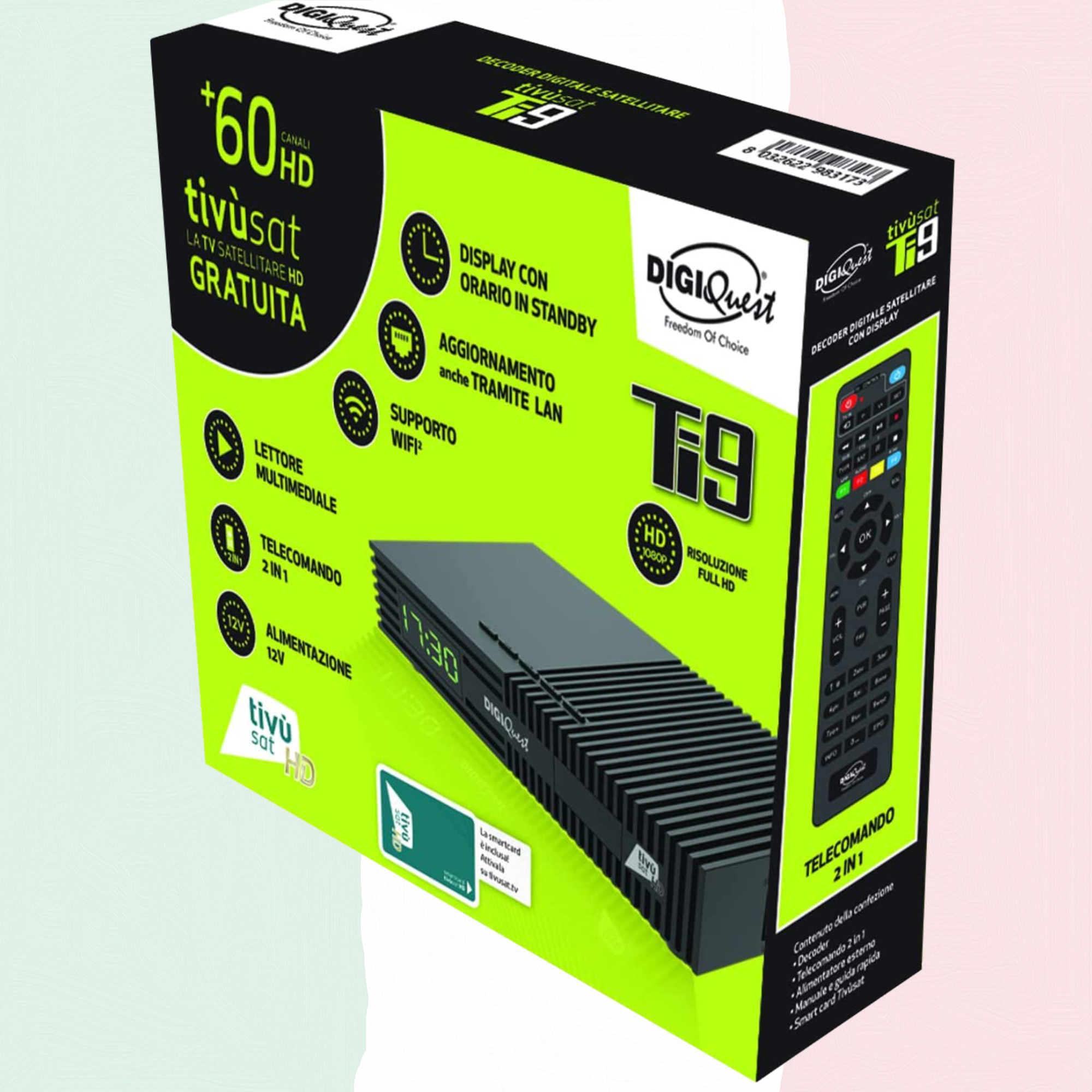 Verpackung eines DigiQuest T9 Satellitenreceivers mit Fernbedienung und Zubehör.