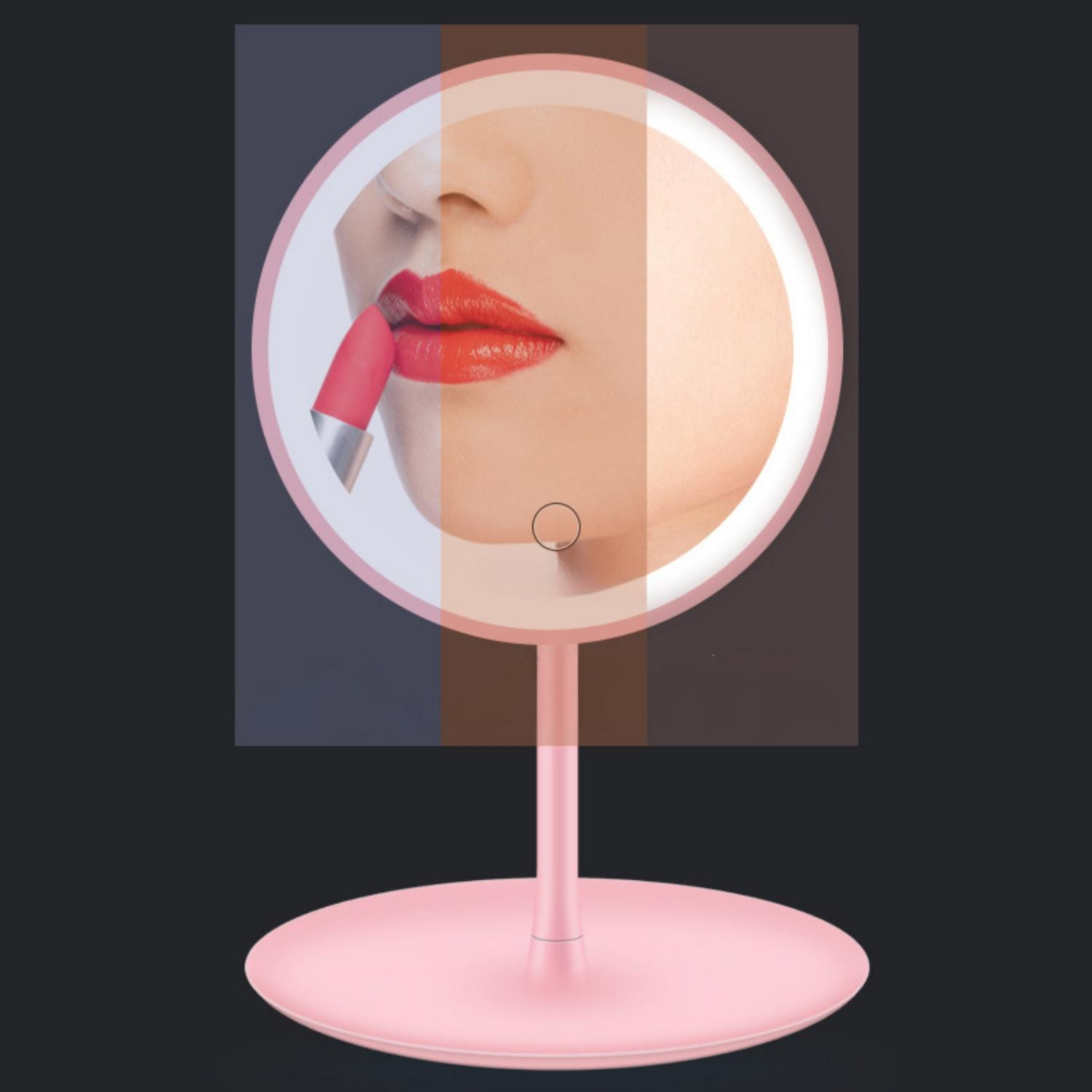 Eine Frau trägt roten Lippenstift auf, reflektiert in einem rosa Spiegel.