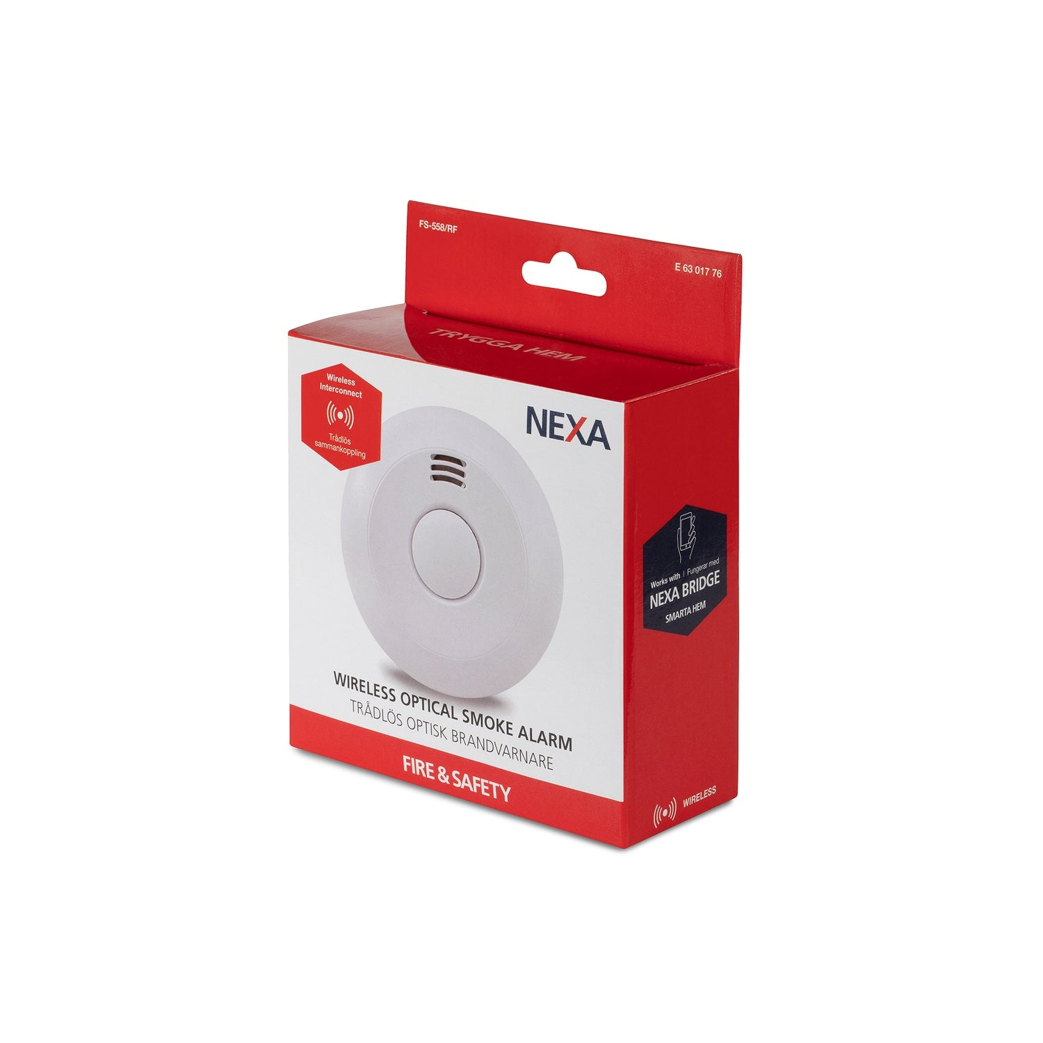 Witte rookmelder verpakking met NEXA logo en productdetails.