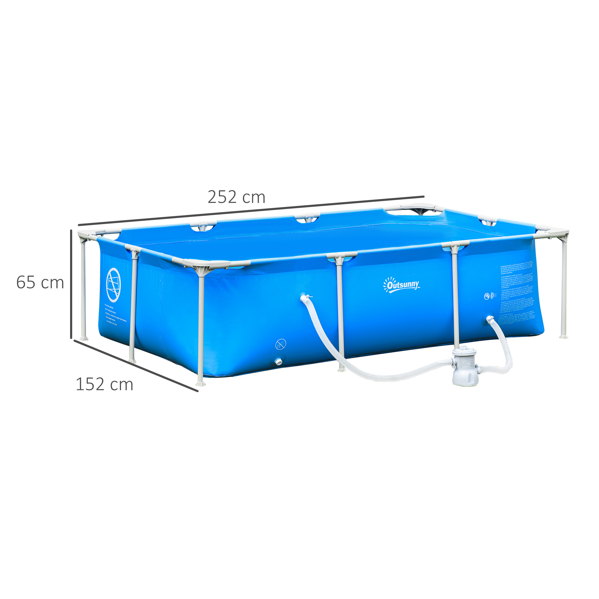 Una piscina rectangular azul con marco y bomba, se muestran dimensiones.