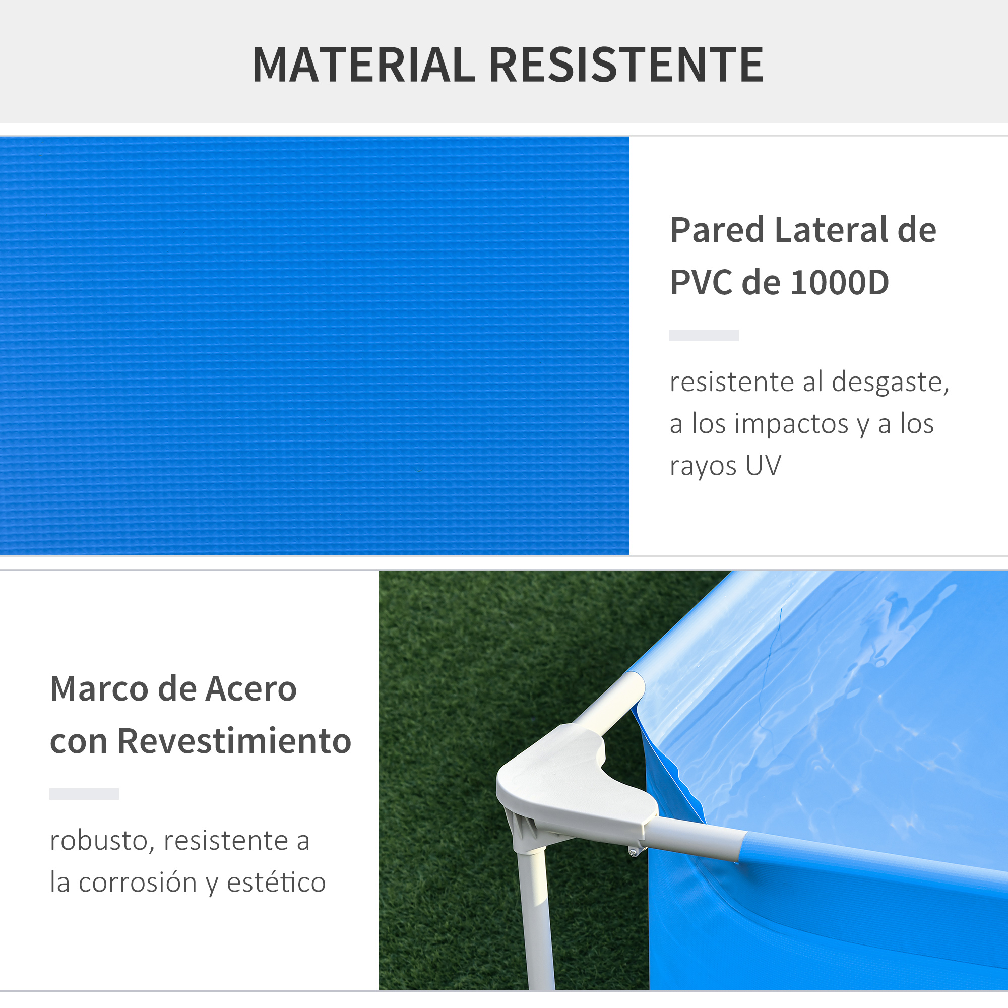 Piscina azul con marco de acero y pared de PVC. Sobre césped artificial.