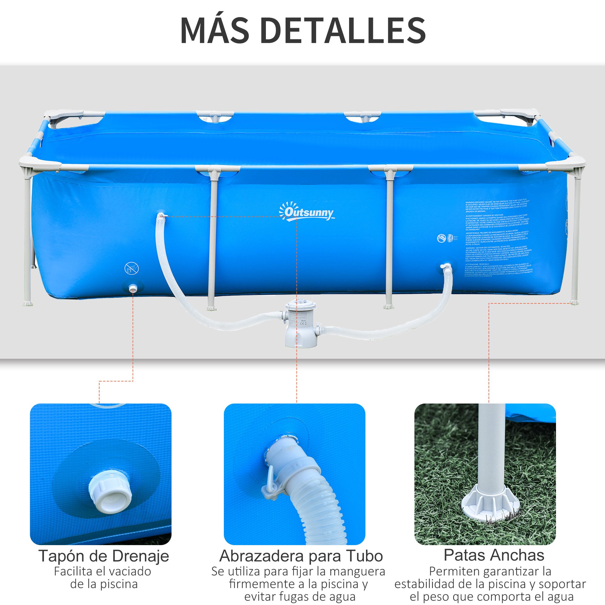 Una estructura de piscina azul con tres detalles: tapón de drenaje, abrazadera y patas anchas.