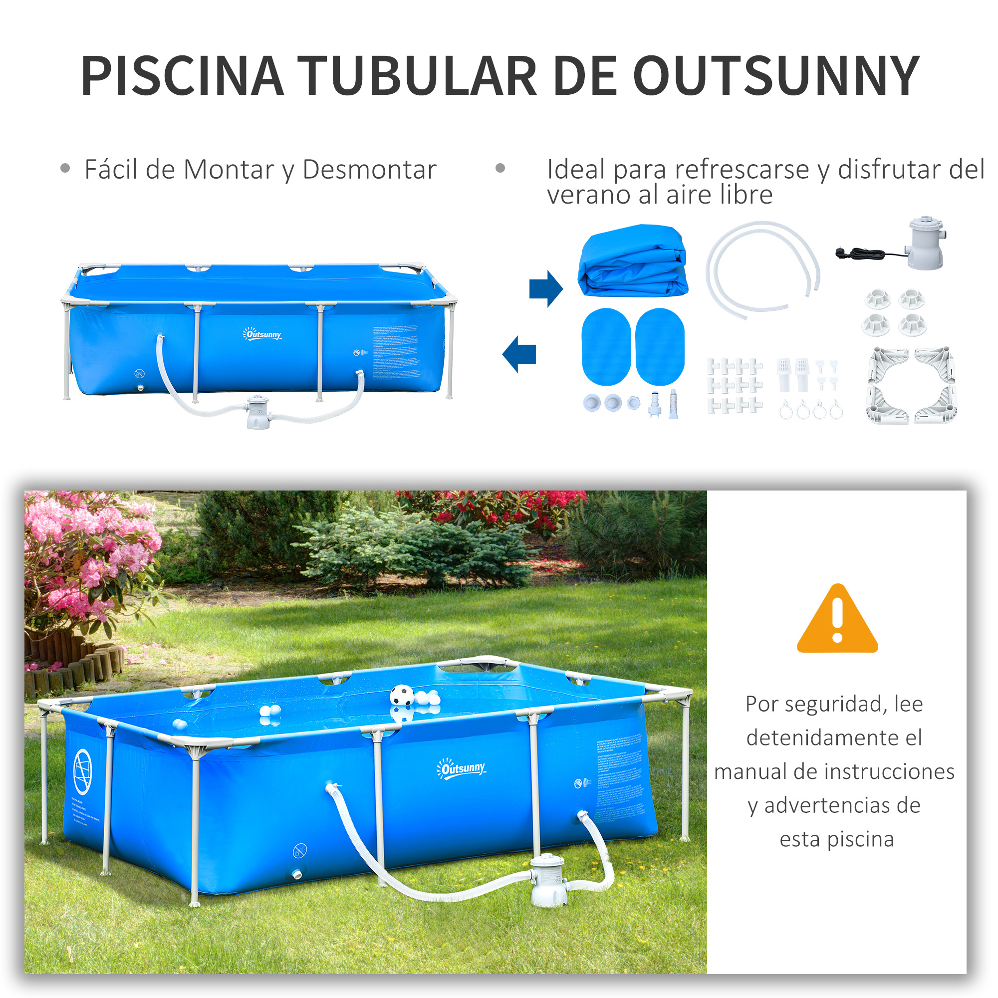 Una piscina rectangular azul con marco está en un césped con accesorios.