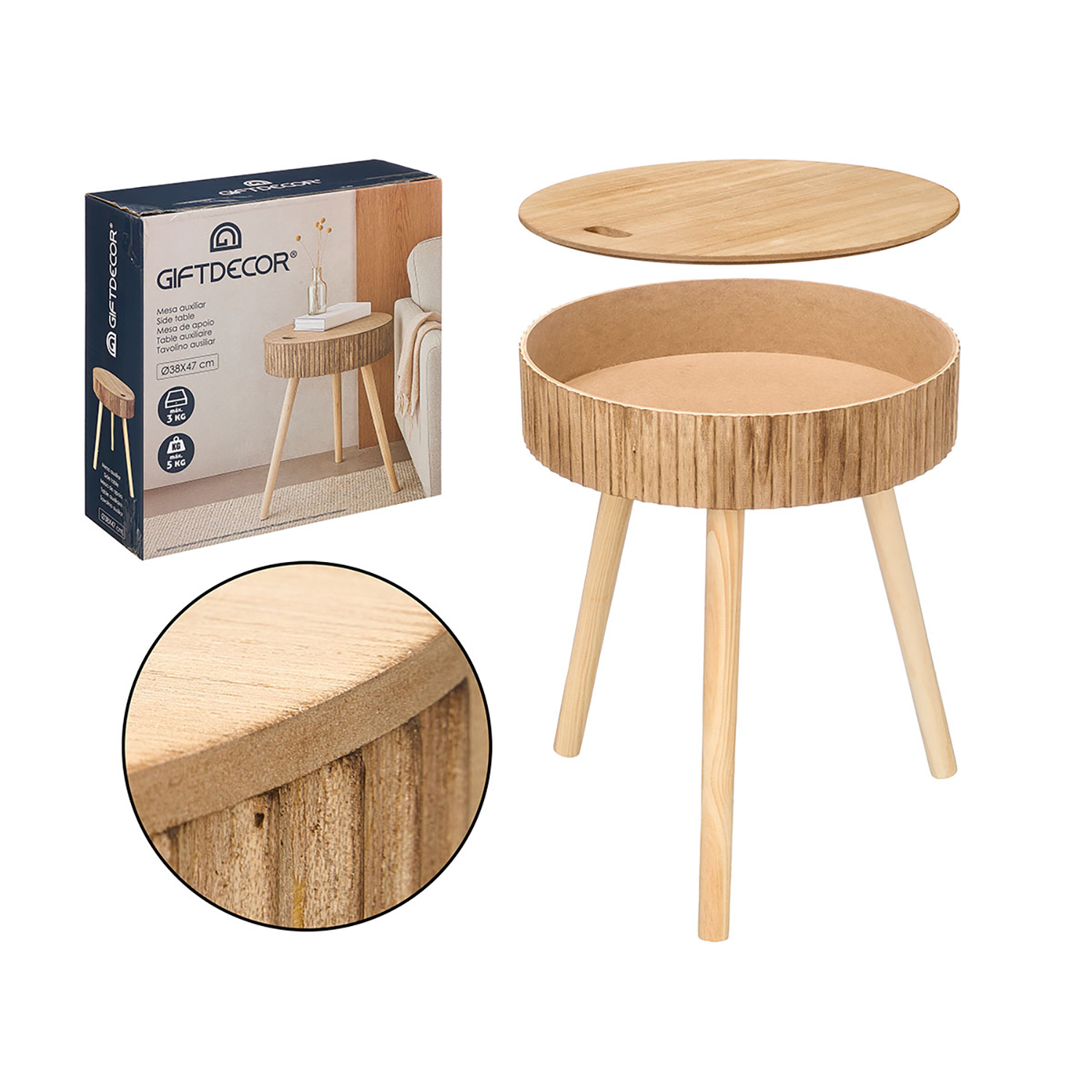Ein Nachttisch aus Holz mit gerilltem Korpus und drei Beinen.