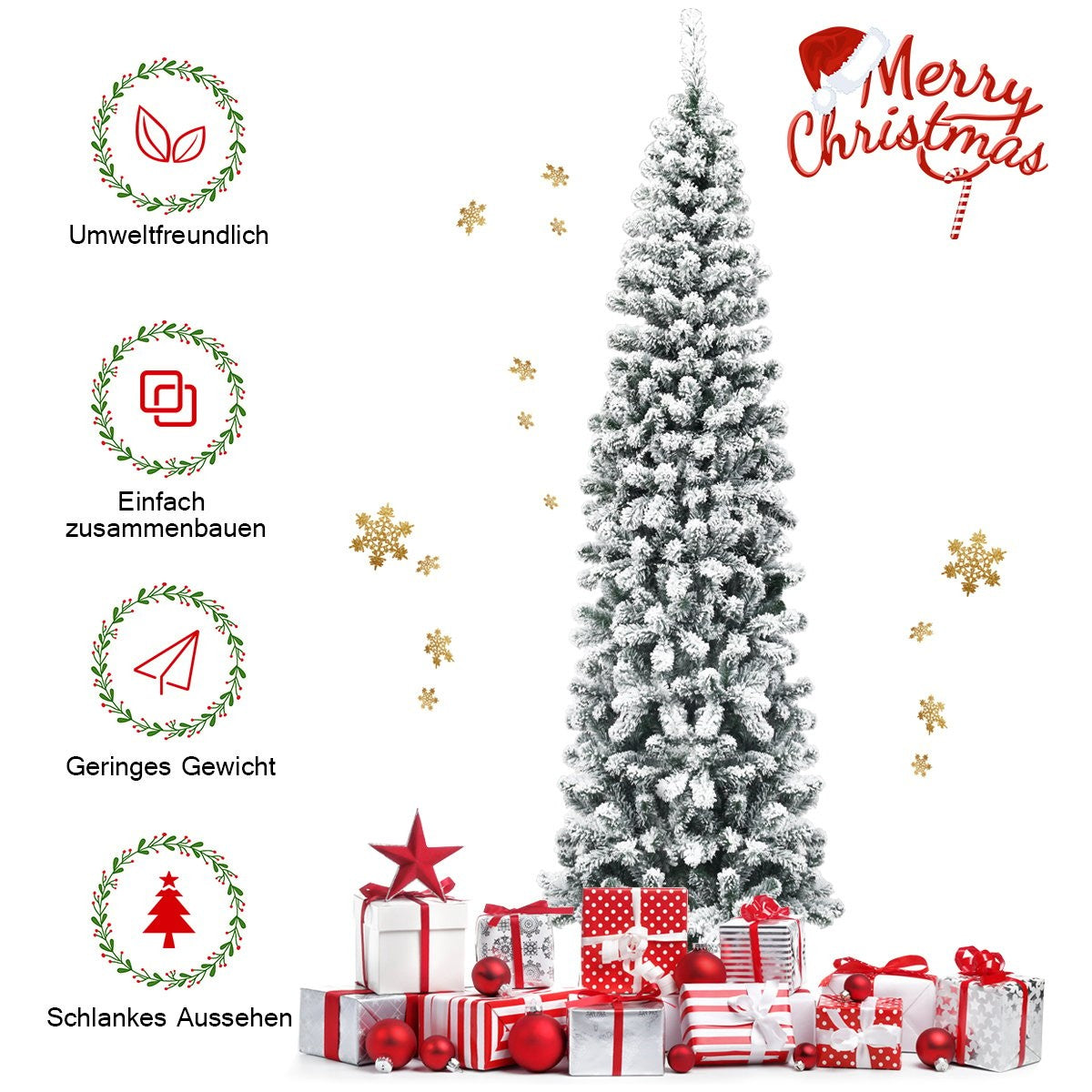 Besneeuwde kerstboom met cadeaus en sneeuwvlokken.