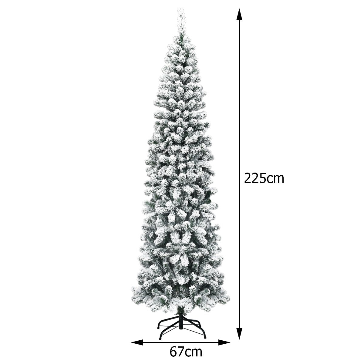 Hoge, smalle kerstboom met sneeuweffect, 225cm hoog, 67cm breed.
