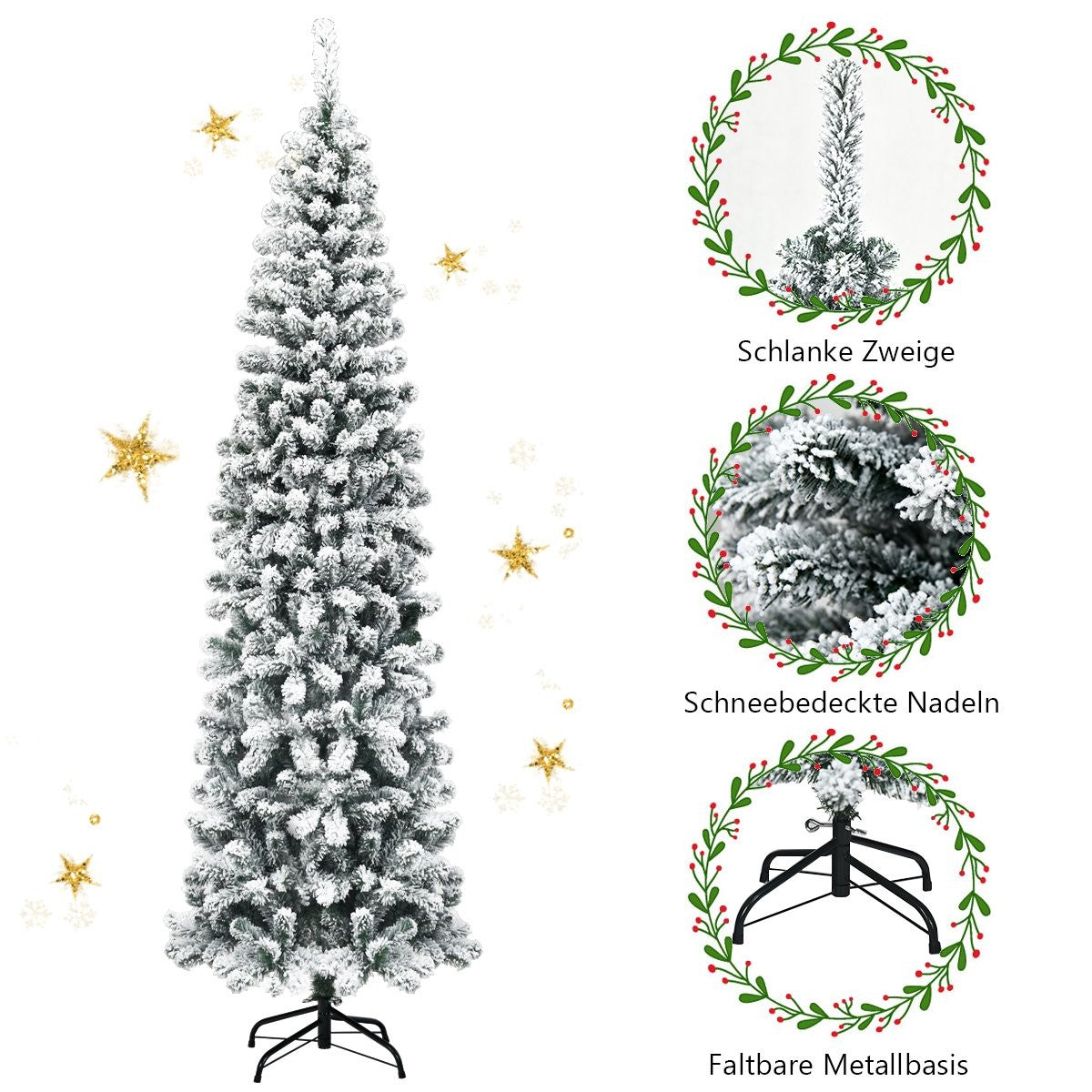 Een slanke, met sneeuw bedekte kerstboom met sterren. Detailweergaven tonen takken, naalden en een metalen standaard.