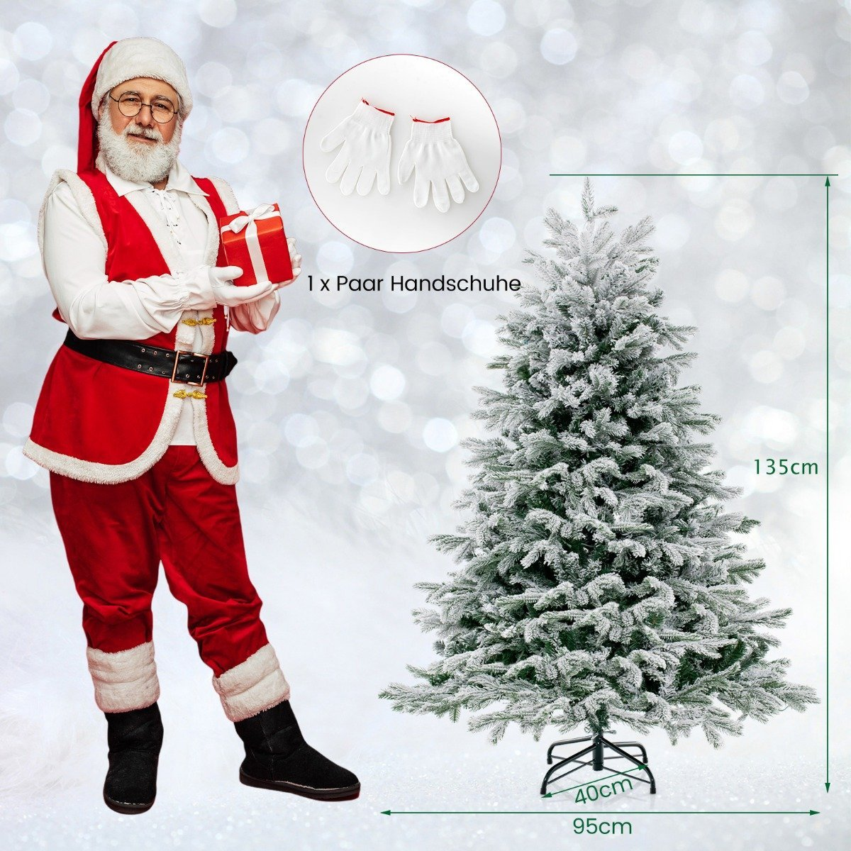 Kerstman met cadeau houdt witte handschoenen naast een 135cm hoge, besneeuwde boom.