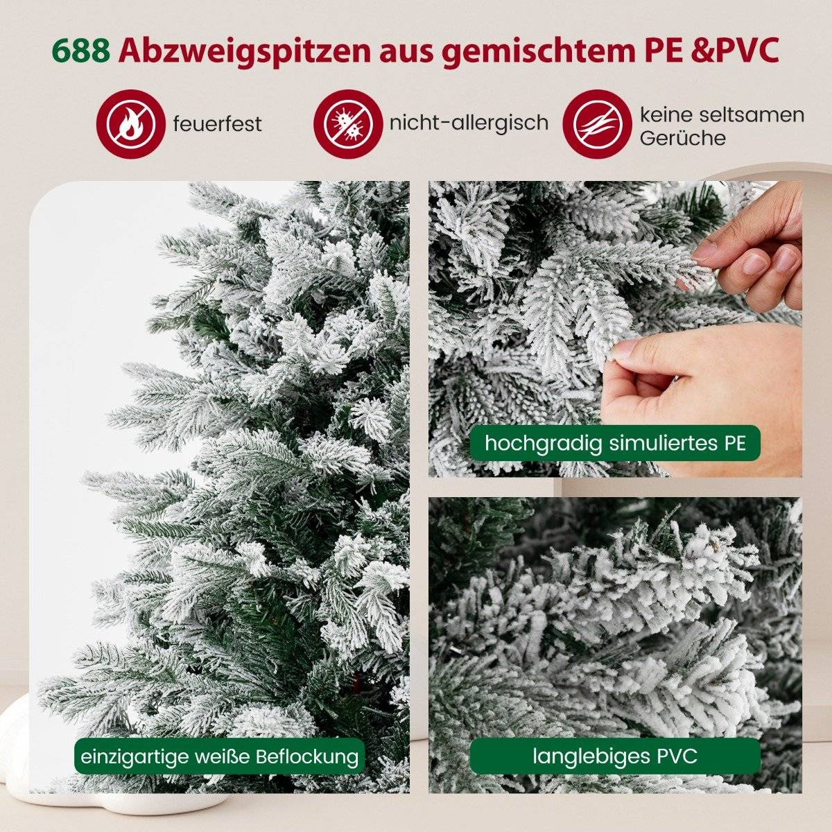 Close-up van een bevlokte kunstkerstboom, brandwerend en hypoallergeen.