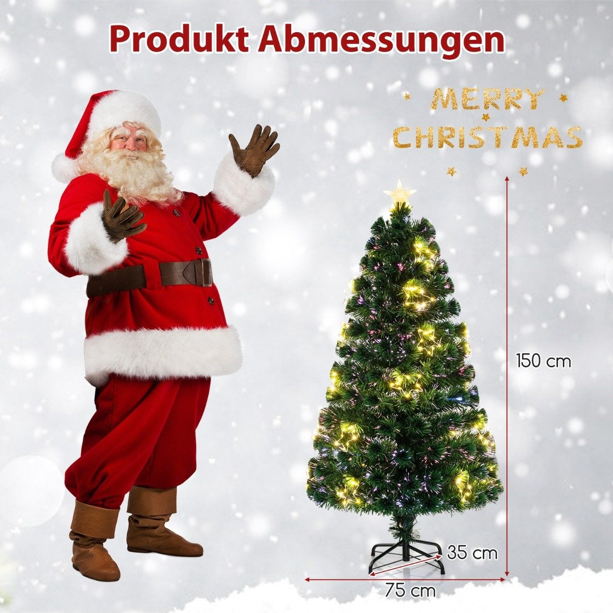Kerstman naast verlichte kerstboom met afmetingen.