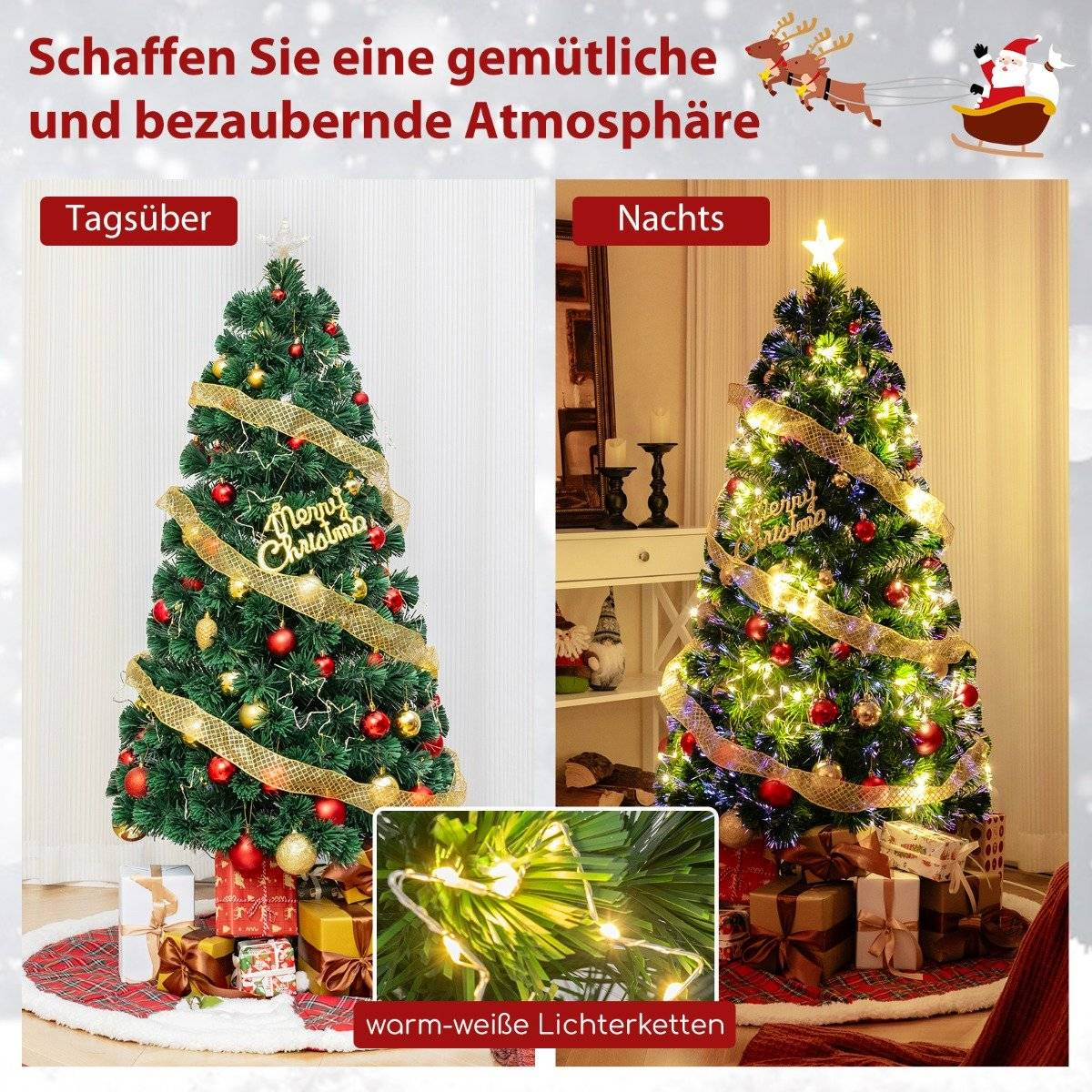 Een kerstboom overdag en 's nachts, met cadeaus en lampjes.