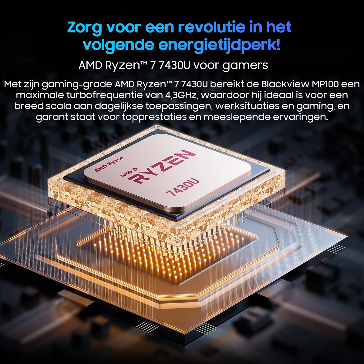 AMD Ryzen 7 7430U processor on a circuit board with glowing connections.