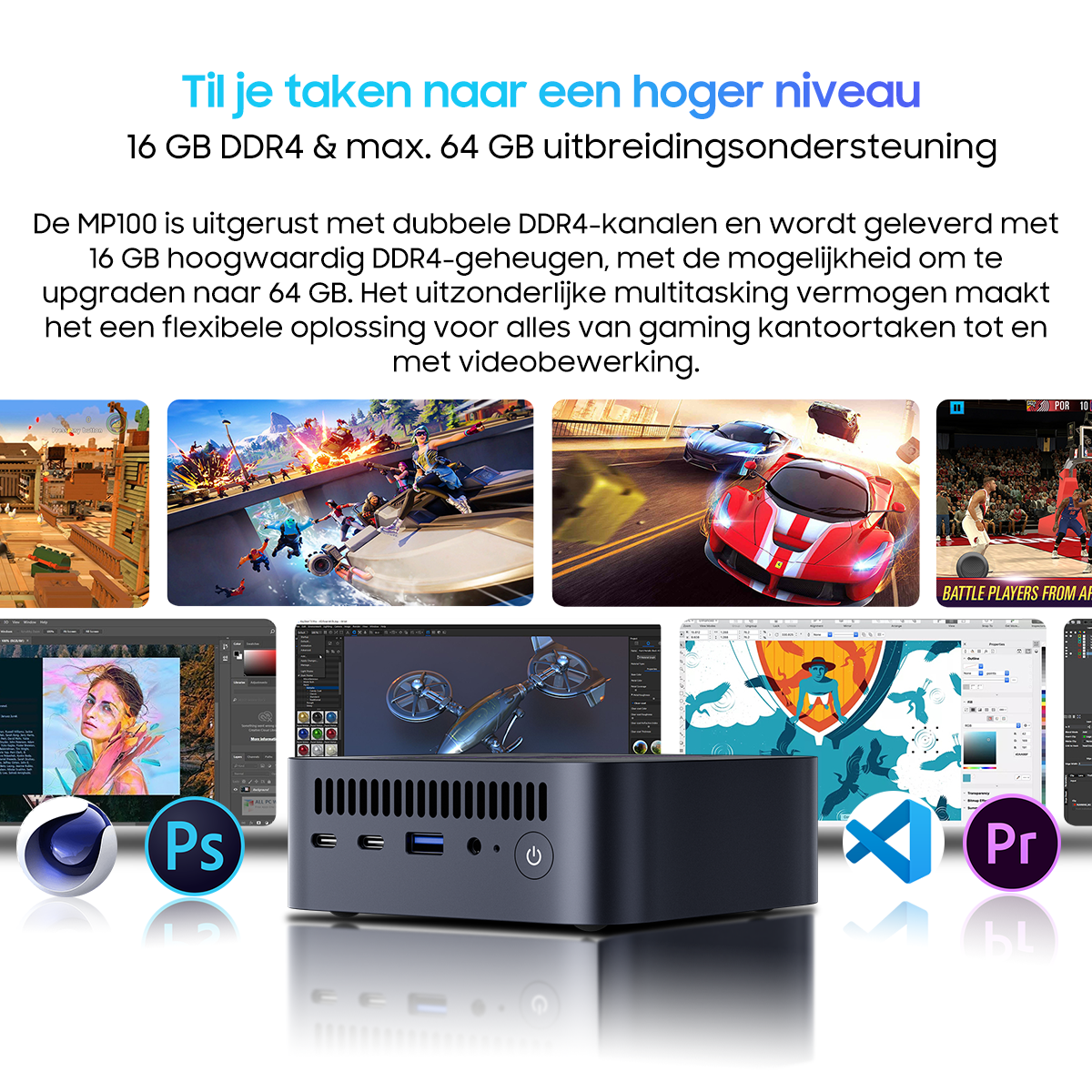 A PC with gaming and editing software screens, a console, and software logos.