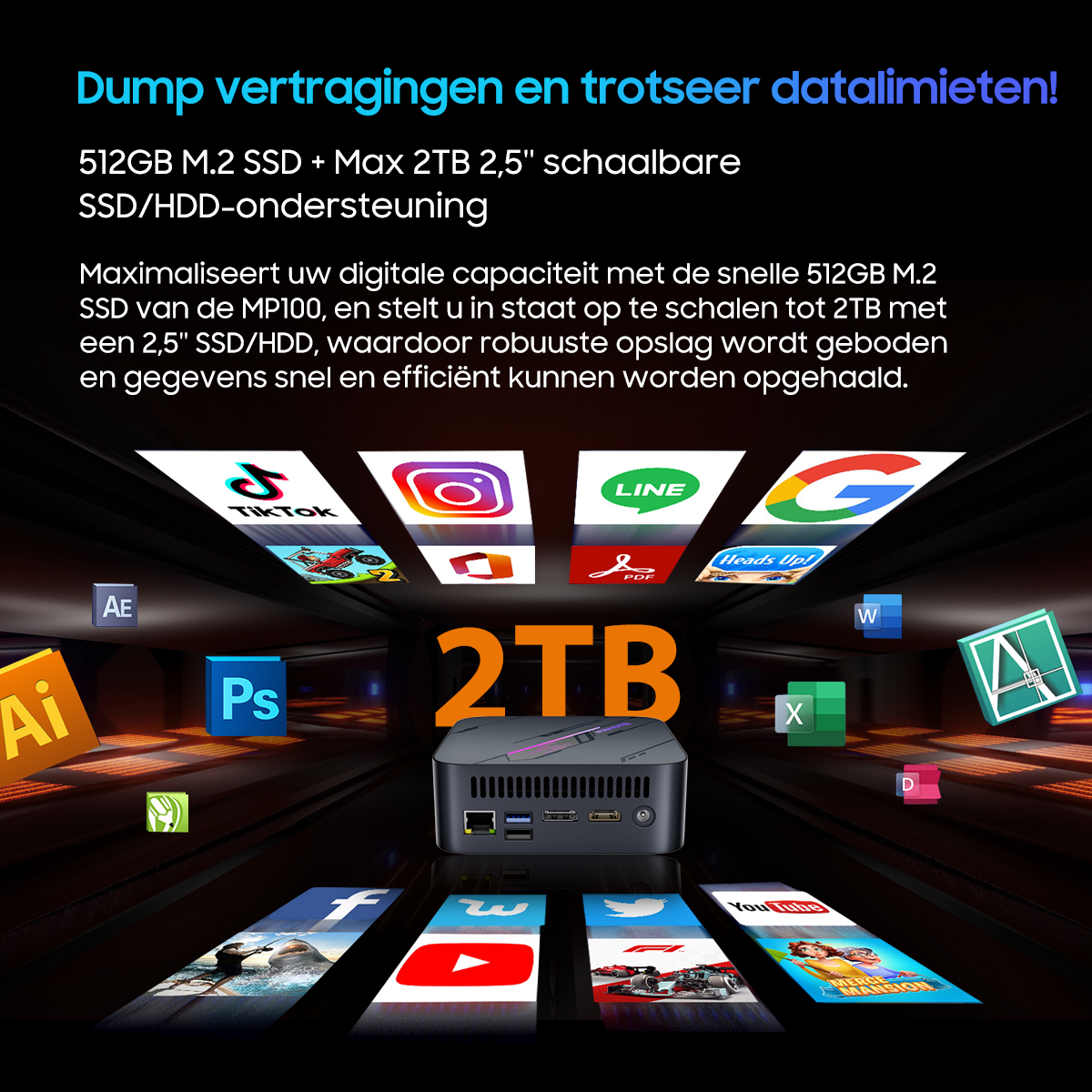 A small black computer with apps like TikTok, Google and YouTube.