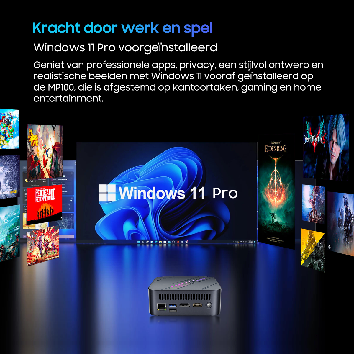A small PC with Windows 11 Pro and game covers displayed on screen.