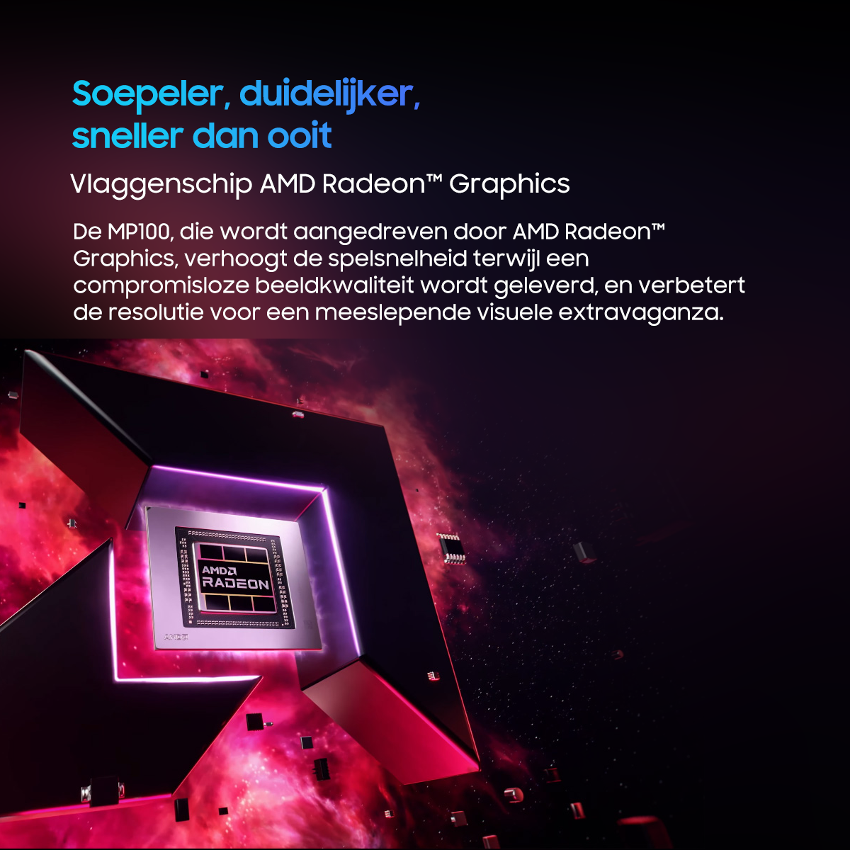 AMD Radeon™ graphics chip illuminated by neon light in space.