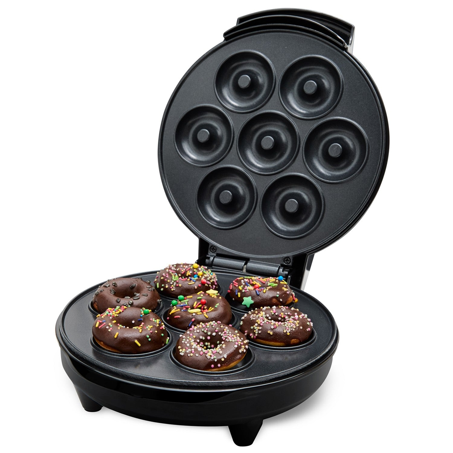 A black donut maker with six chocolate donuts topped with sprinkles.